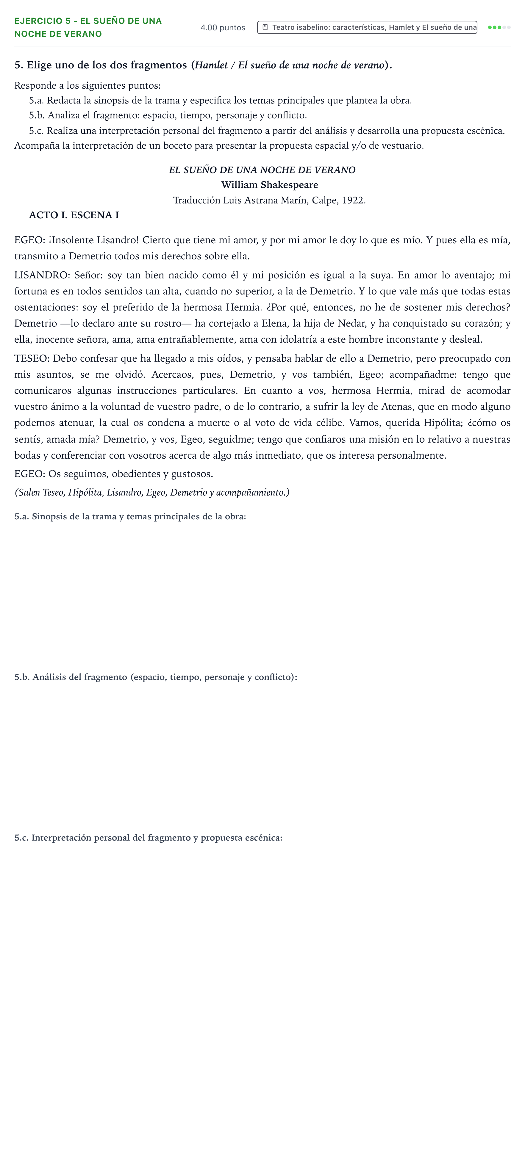 Enunciado: Ejercicio 5 - El sueño de una noche de verano · Artes Escénicas PAU Valencia Ordinaria 2026