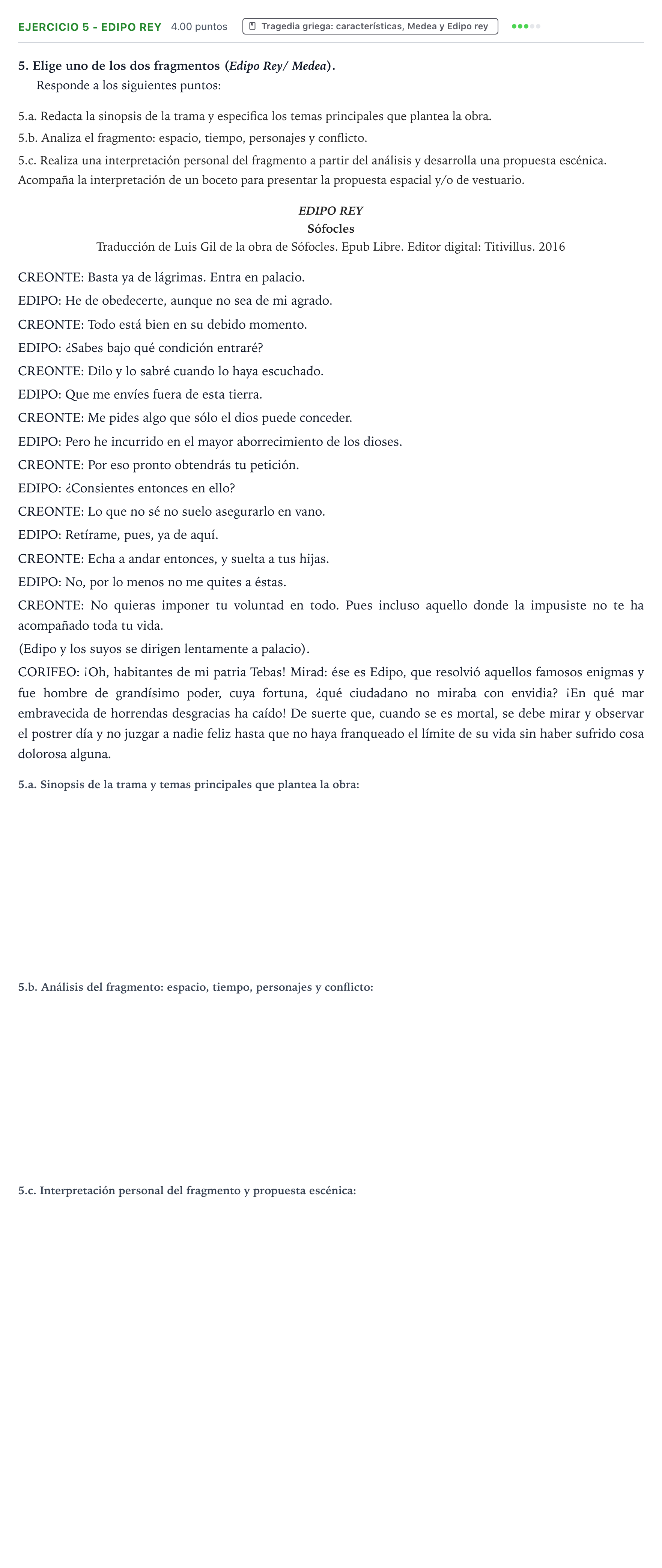 Enunciado: Ejercicio 5 - Edipo Rey · Artes Escénicas PAU Valencia Ordinaria solapamiento 2026