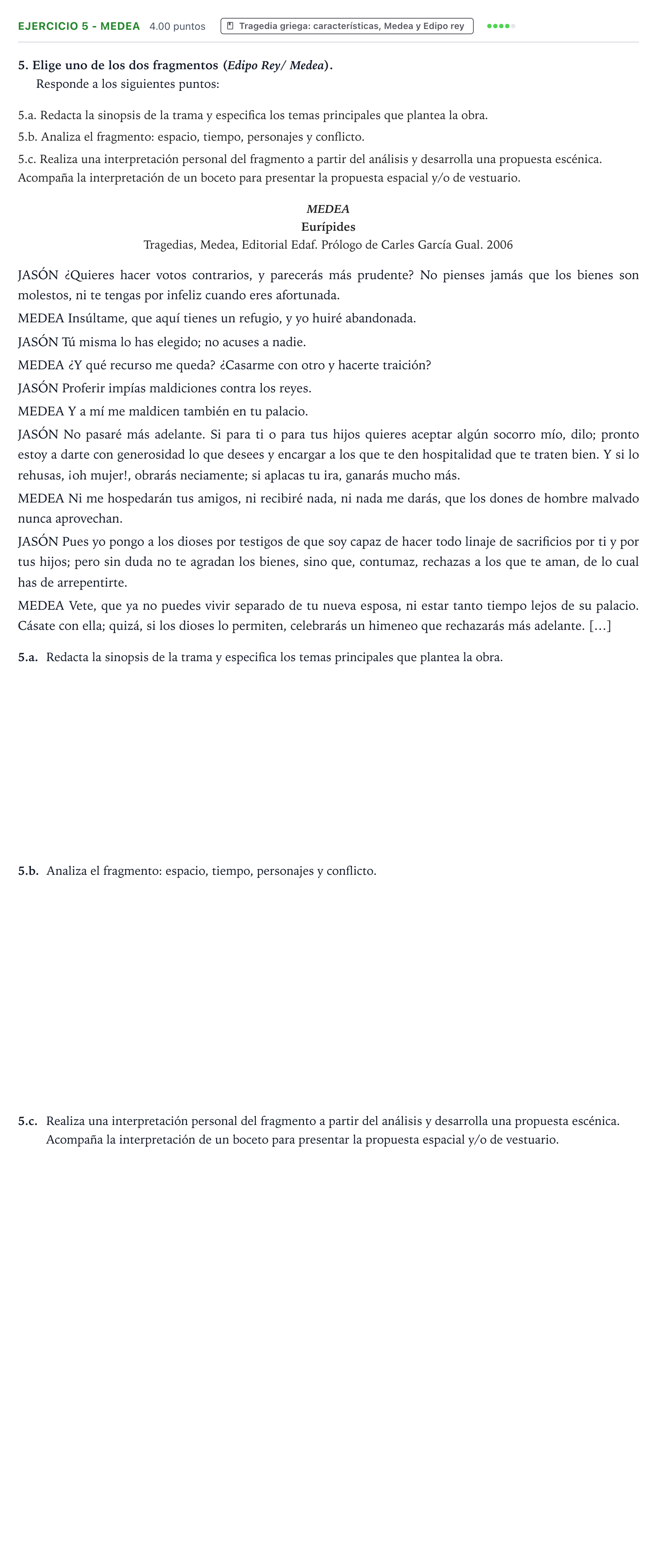 Enunciado: Ejercicio 5 - Medea · Artes Escénicas PAU Valencia Ordinaria solapamiento 2026