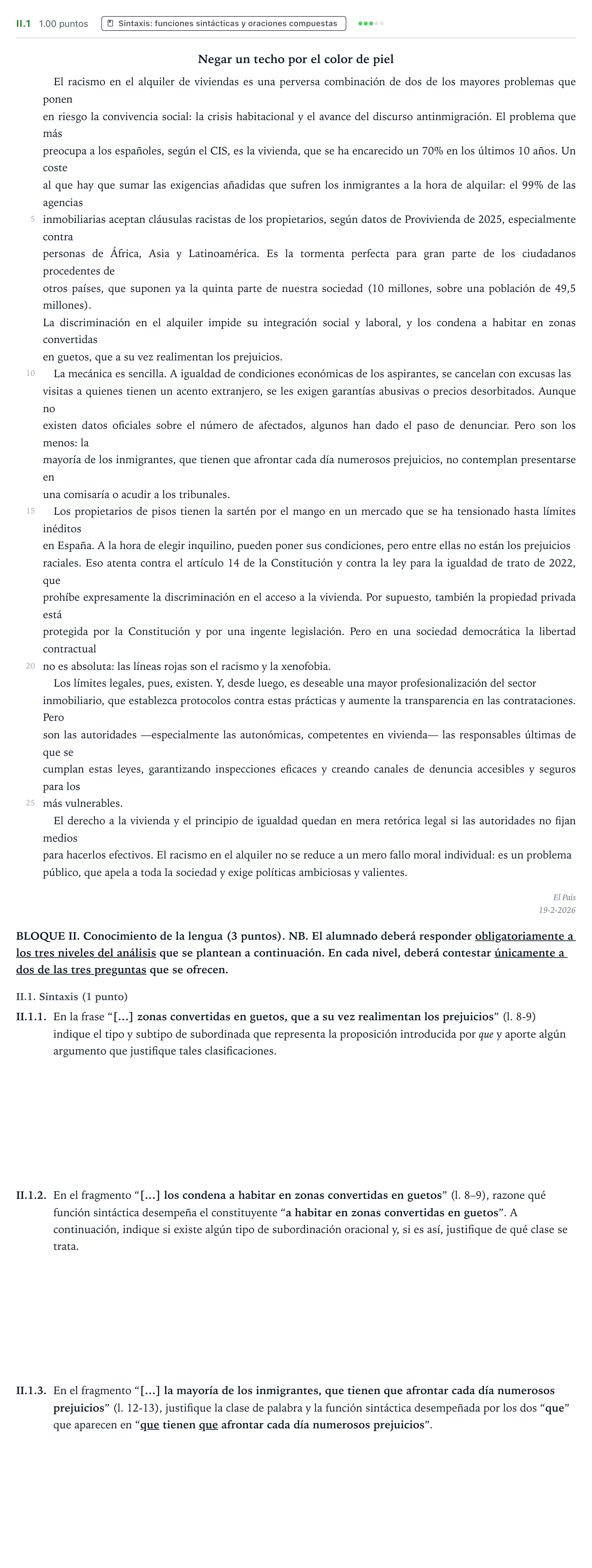 Enunciado: Ejercicio II.1 - Sintaxis · Lengua Castellana y Literatura II PAU Valencia Extraordinaria 2026