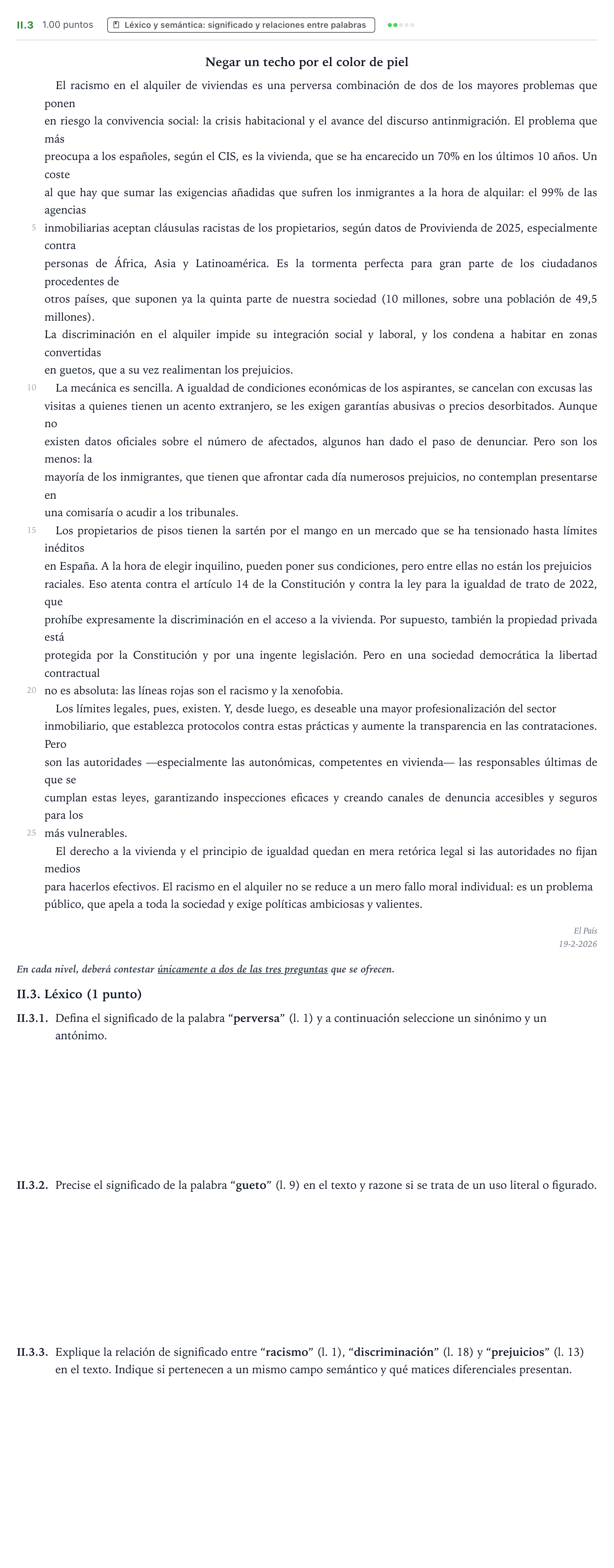 Enunciado: Ejercicio II.3 - Léxico · Lengua Castellana y Literatura II PAU Valencia Extraordinaria 2026