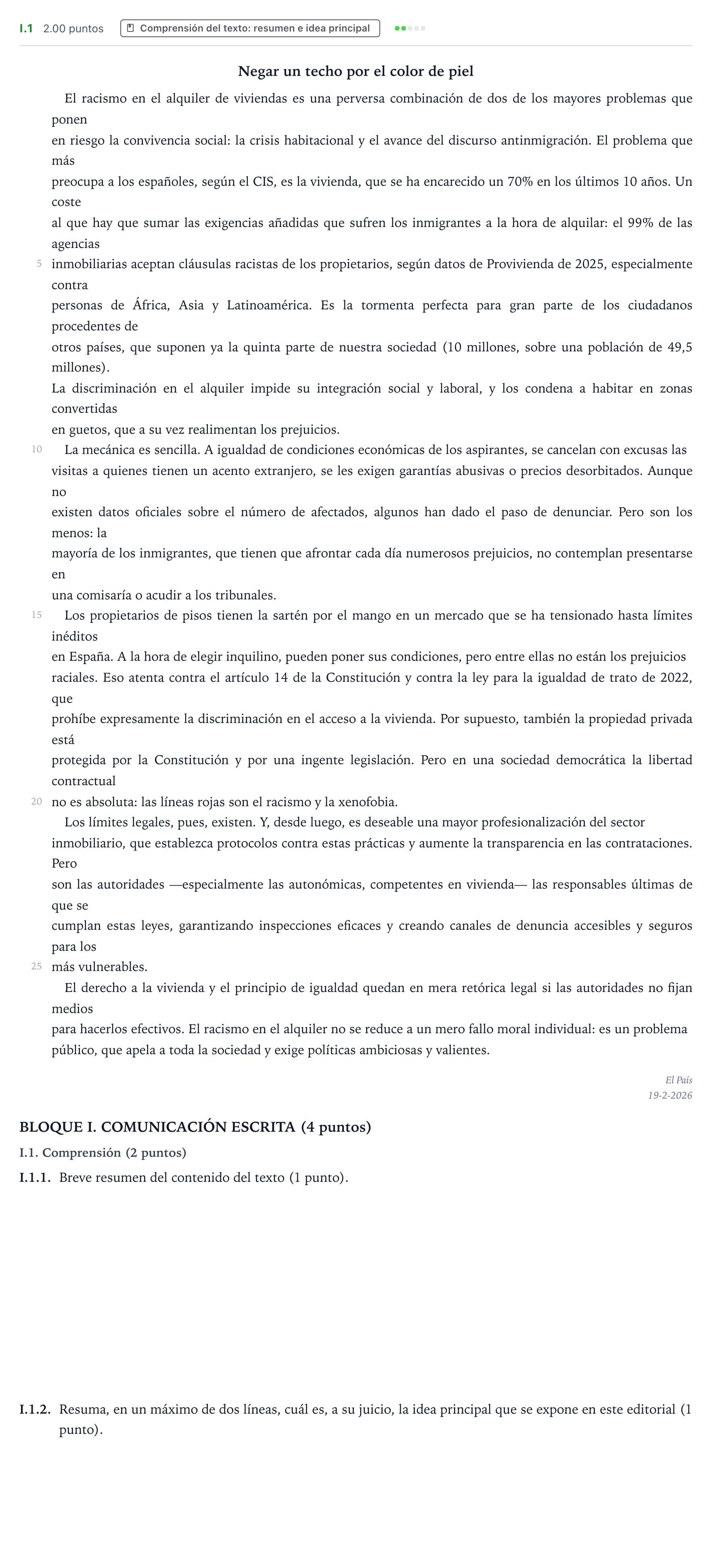 Enunciado: Ejercicio I.1 - Comprensión · Lengua Castellana y Literatura II PAU Valencia Extraordinaria 2026