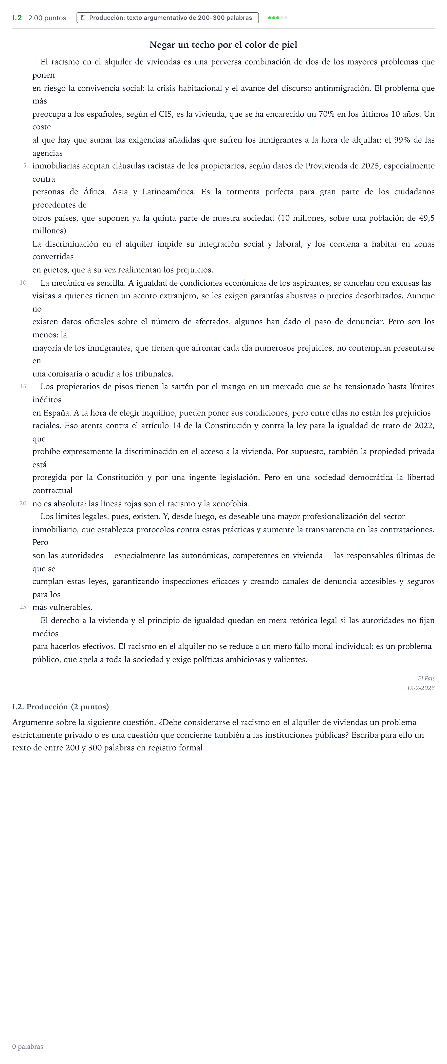 Enunciado: Ejercicio I.2 - Producción · Lengua Castellana y Literatura II PAU Valencia Extraordinaria 2026