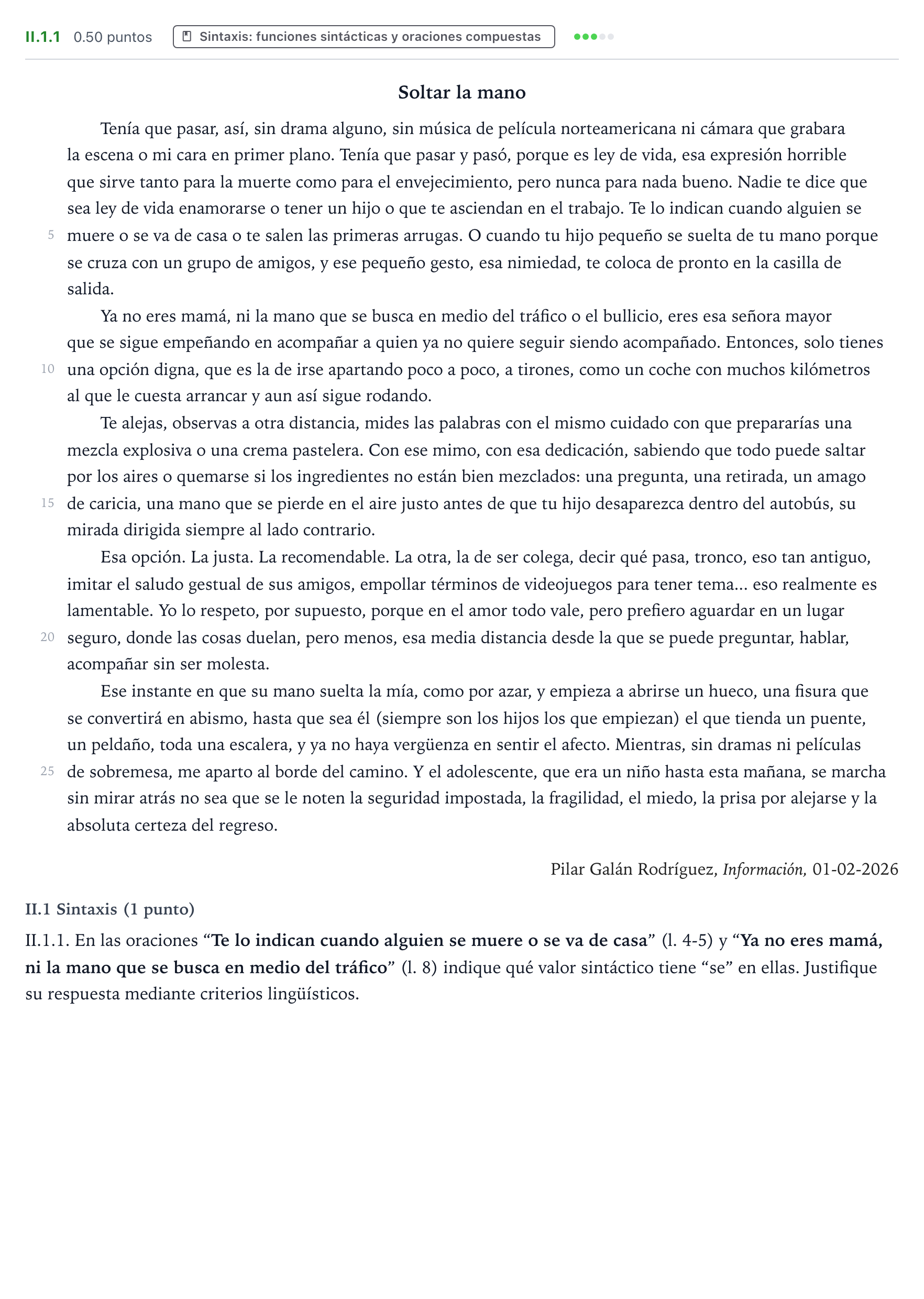 Enunciado: Ejercicio II.1.1 · Lengua Castellana y Literatura II PAU Valencia Ordinaria 2026