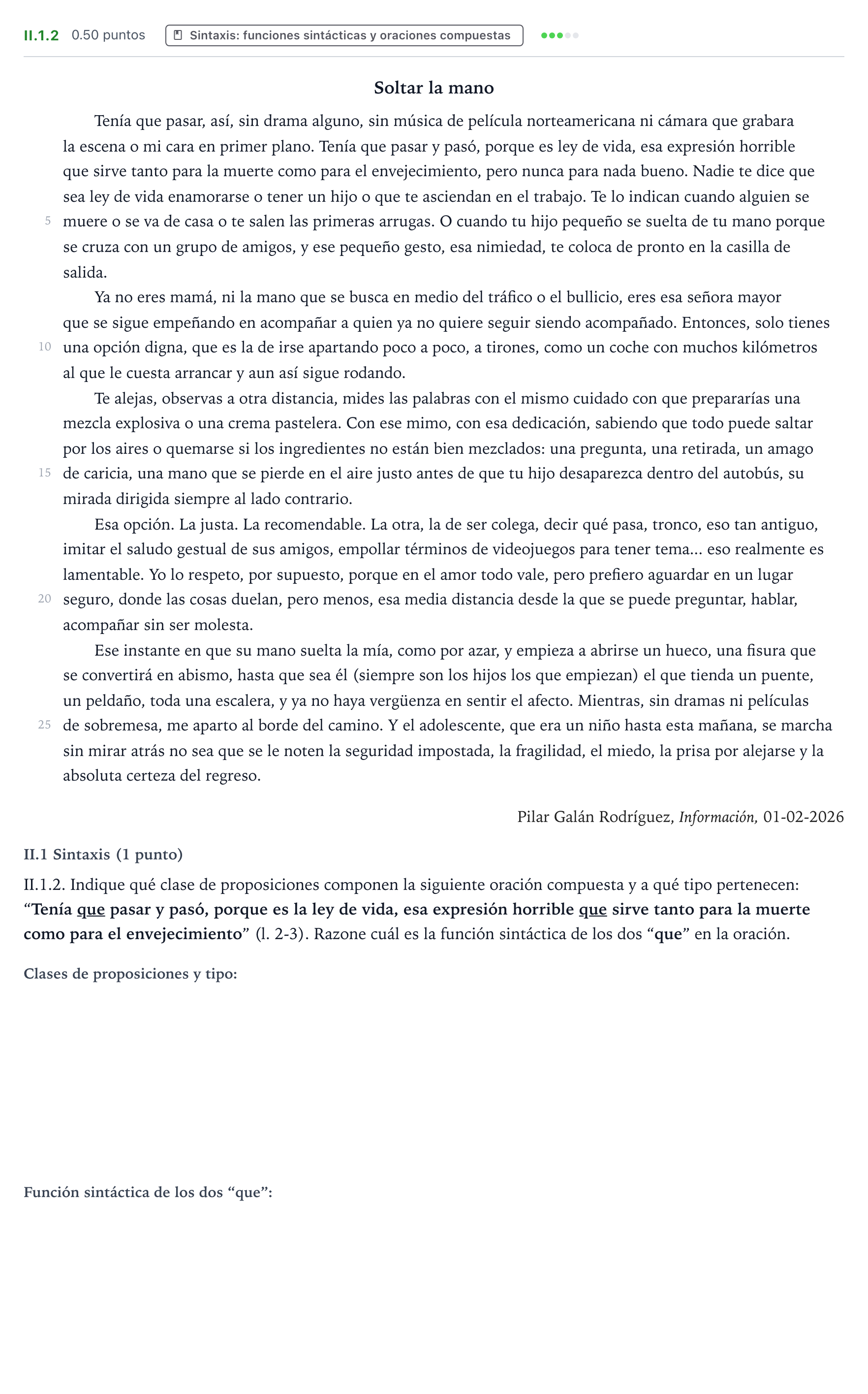 Enunciado: Ejercicio II.1.2 · Lengua Castellana y Literatura II PAU Valencia Ordinaria 2026