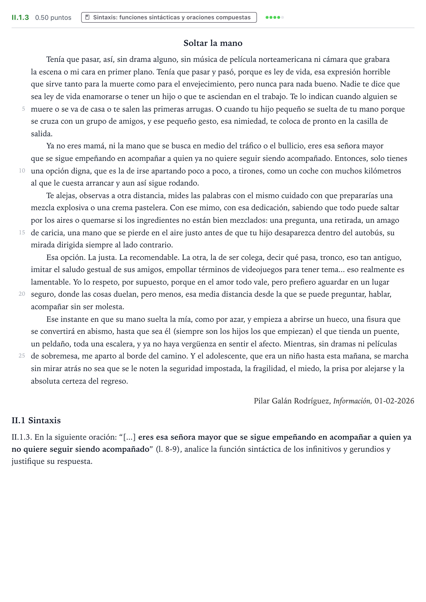 Enunciado: Ejercicio II.1.3 · Lengua Castellana y Literatura II PAU Valencia Ordinaria 2026