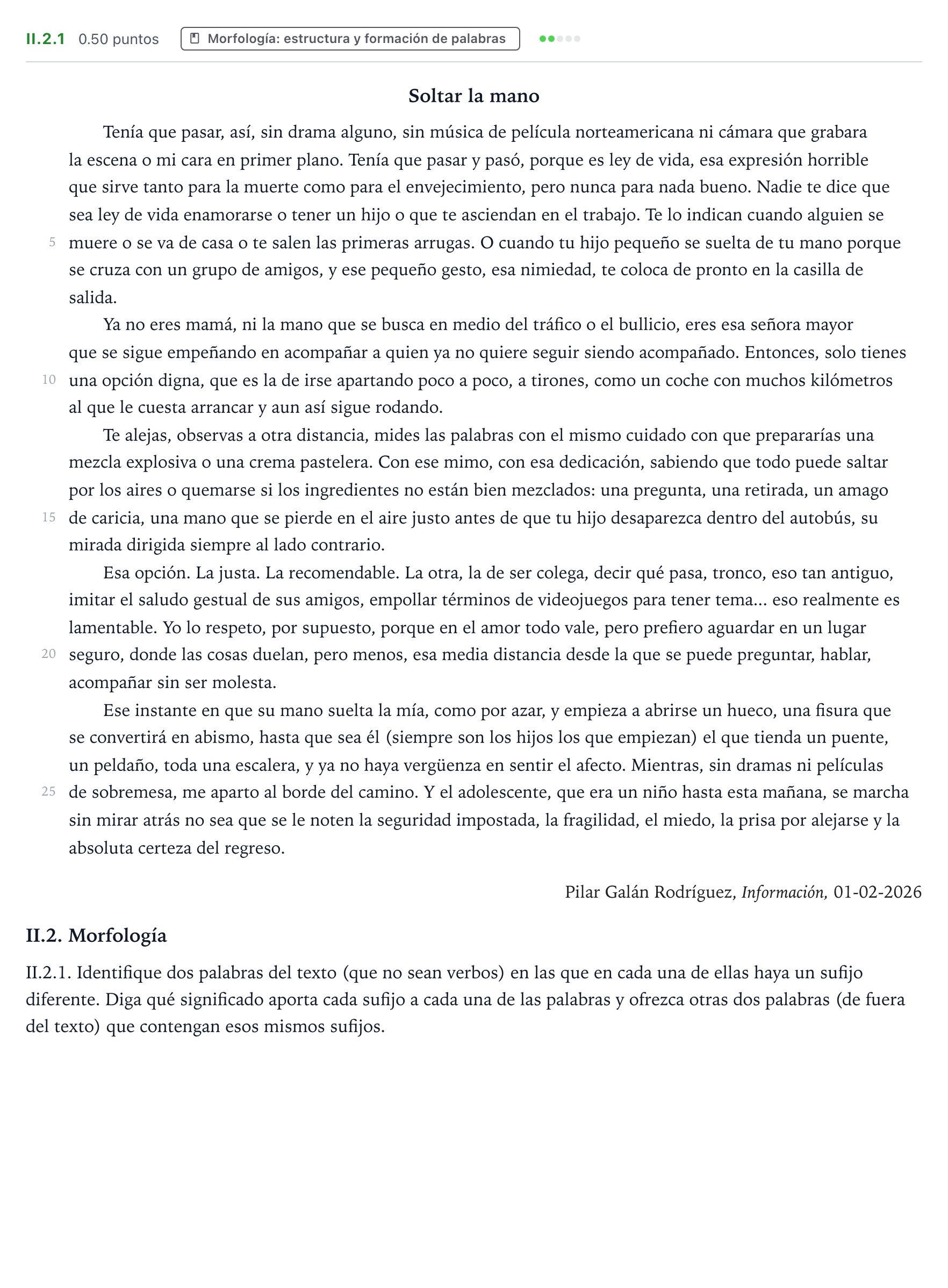 Enunciado: Ejercicio II.2.1 · Lengua Castellana y Literatura II PAU Valencia Ordinaria 2026