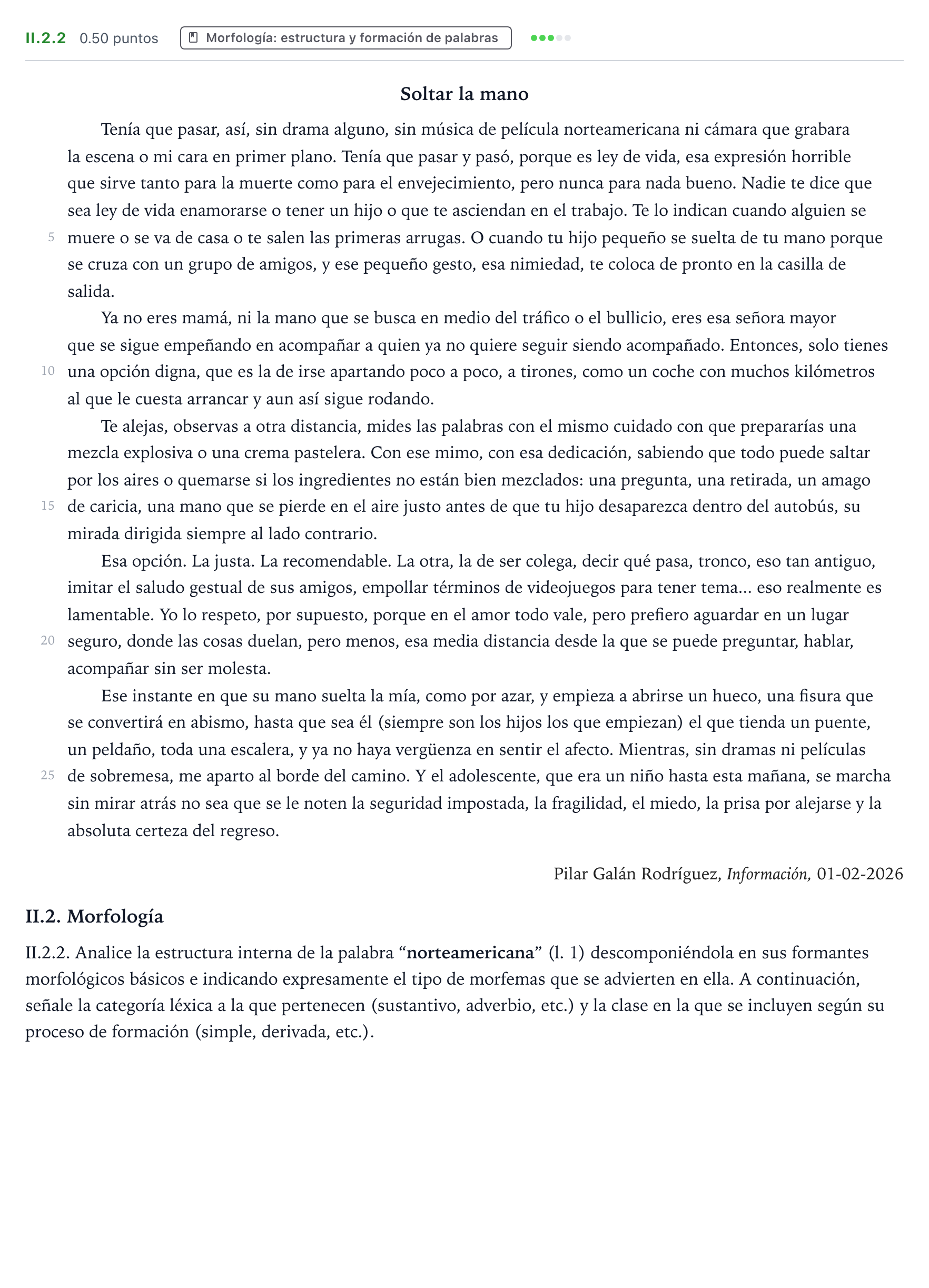 Enunciado: Ejercicio II.2.2 · Lengua Castellana y Literatura II PAU Valencia Ordinaria 2026
