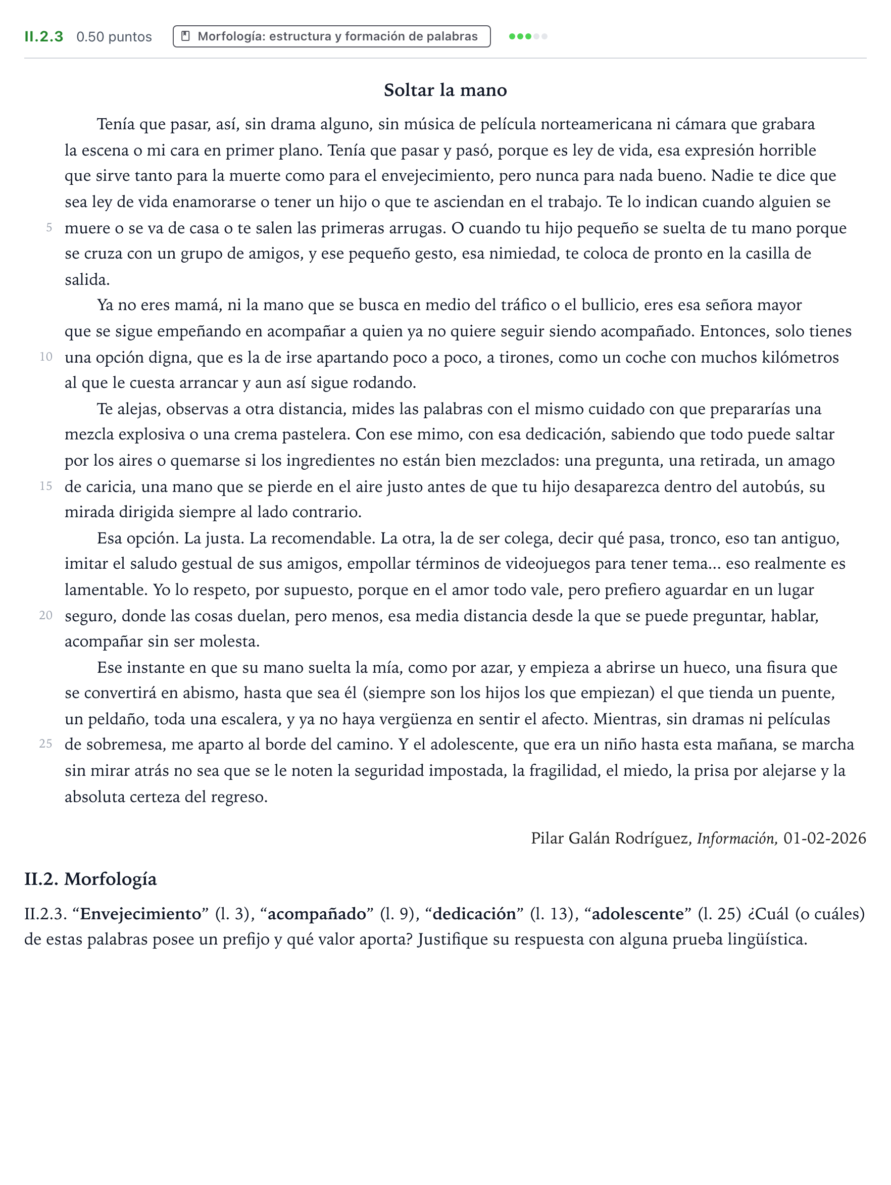 Enunciado: Ejercicio II.2.3 · Lengua Castellana y Literatura II PAU Valencia Ordinaria 2026