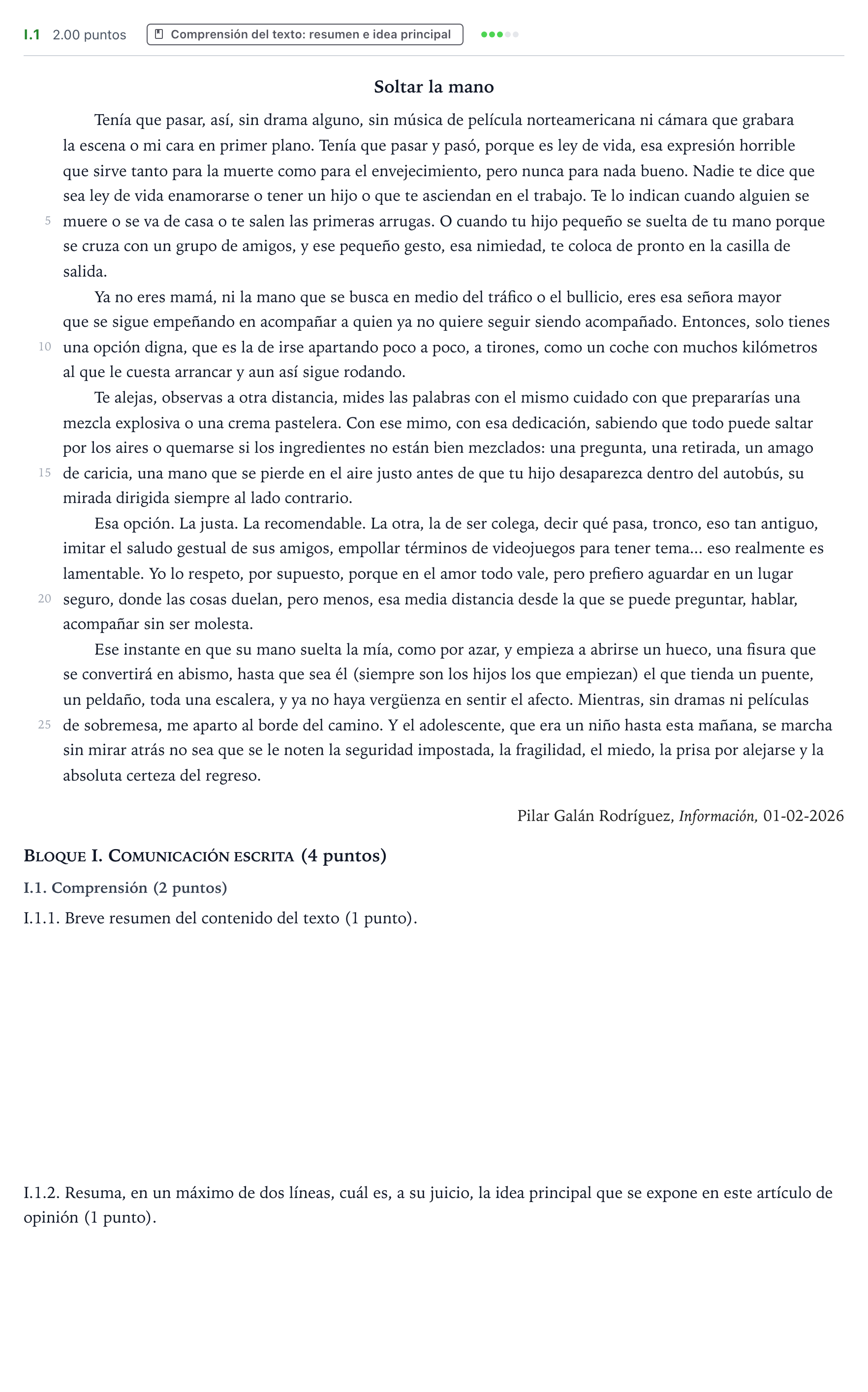 Enunciado: Ejercicio I.1 - Comprensión · Lengua Castellana y Literatura II PAU Valencia Ordinaria 2026