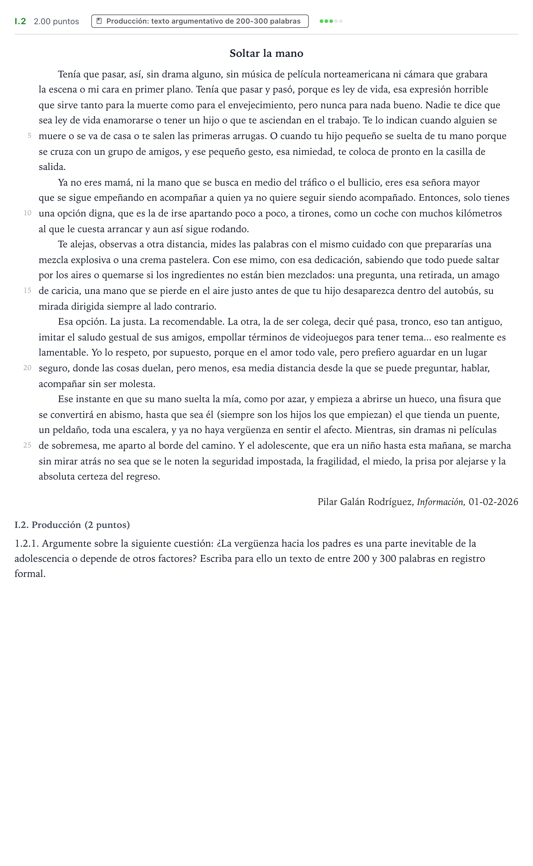 Enunciado: Ejercicio I.2 - Producción · Lengua Castellana y Literatura II PAU Valencia Ordinaria 2026