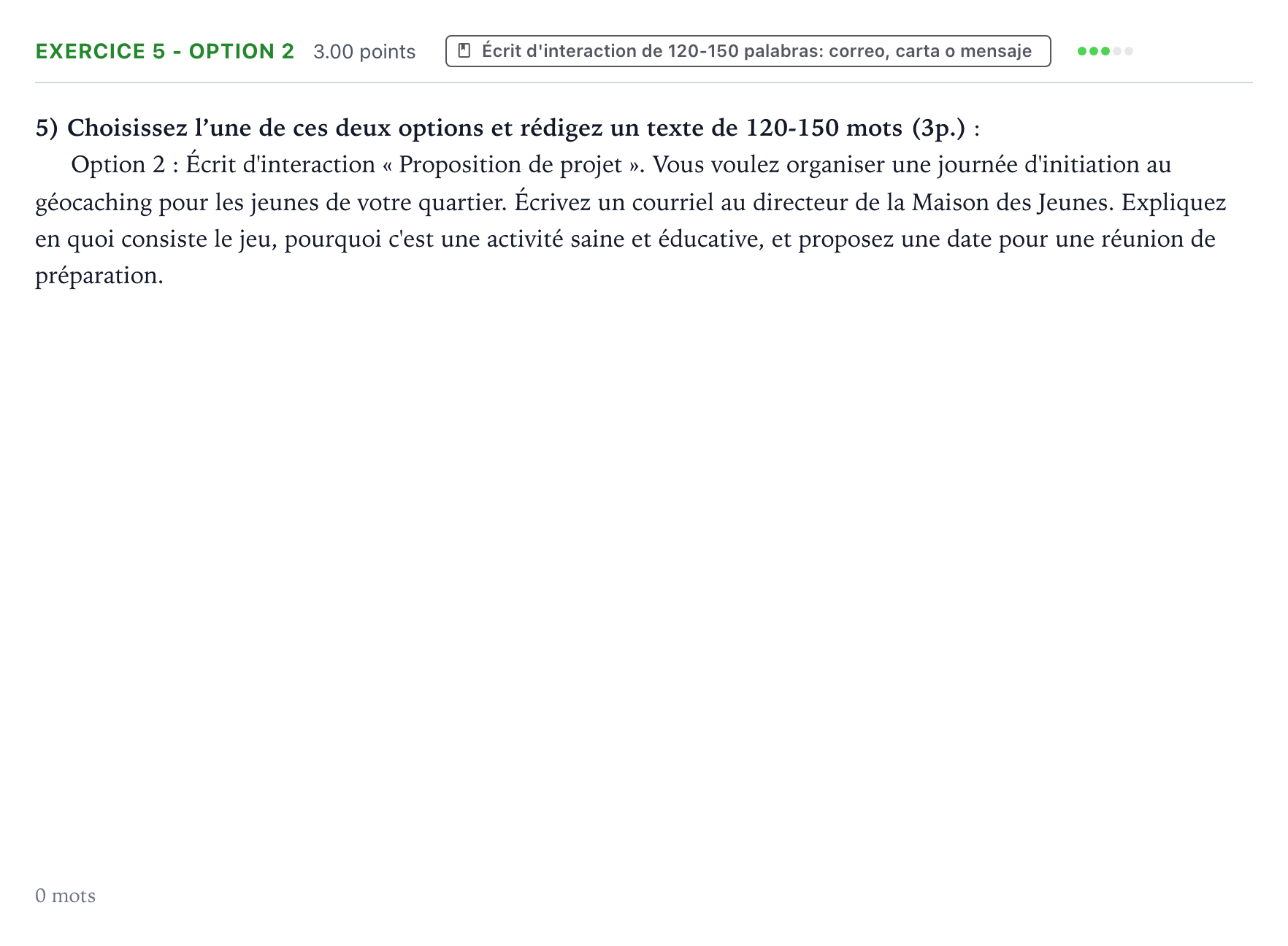 Enunciado: Ejercicio 5 - Option 2 · Francés PAU Valencia Extraordinaria solapamiento 2026