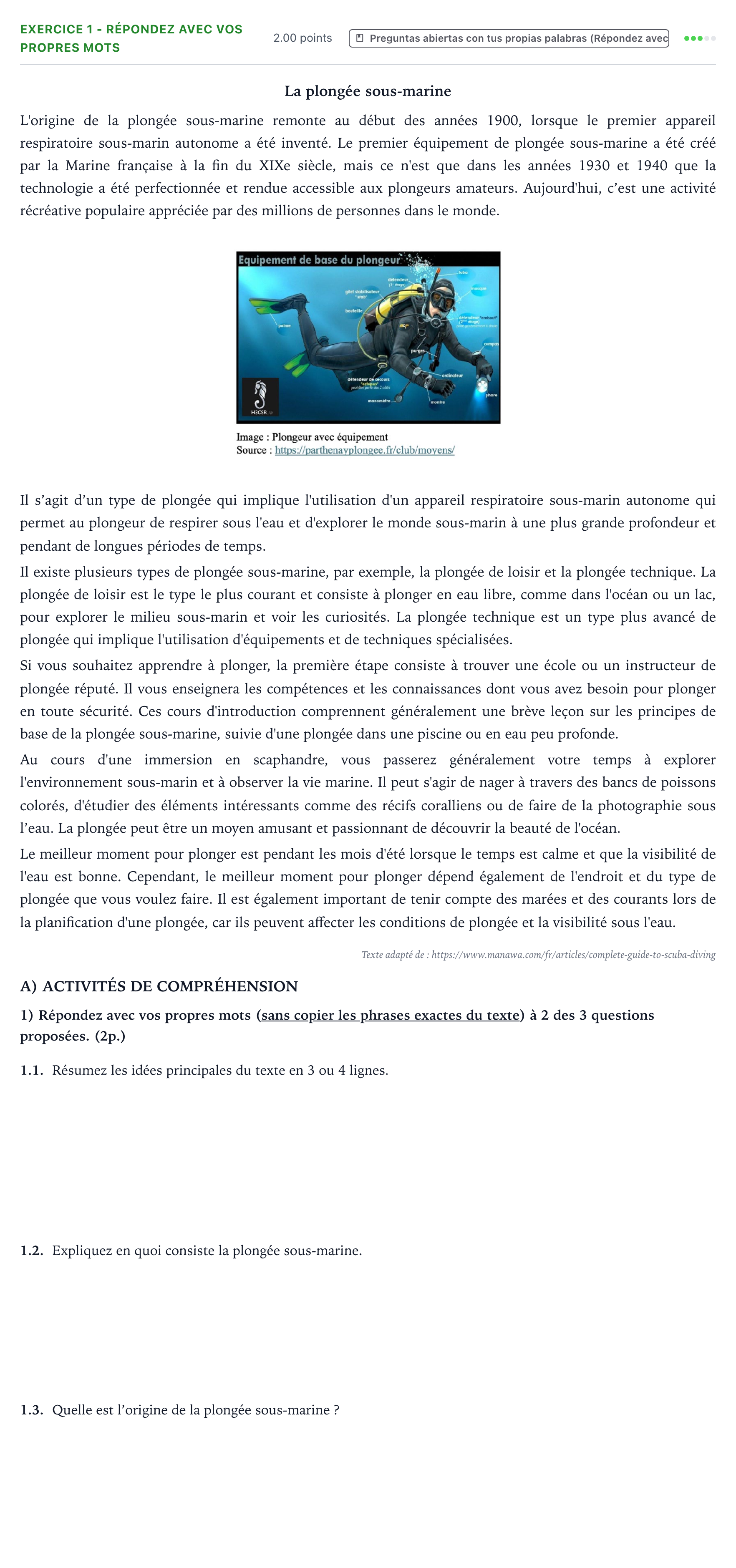 Enunciado: Ejercicio 1 - Répondez avec vos propres mots · Francés PAU Valencia Ordinaria solapamiento 2026