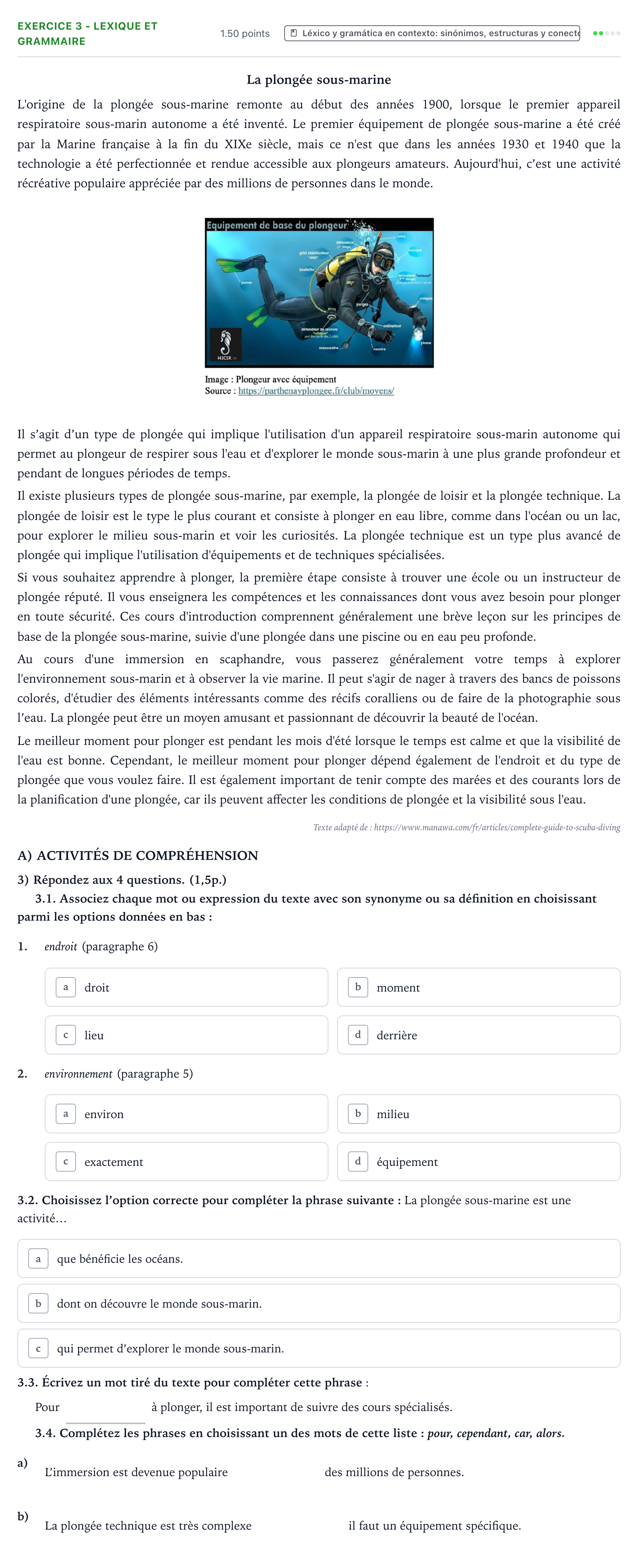 Enunciado: Ejercicio 3 - Lexique et grammaire · Francés PAU Valencia Ordinaria solapamiento 2026