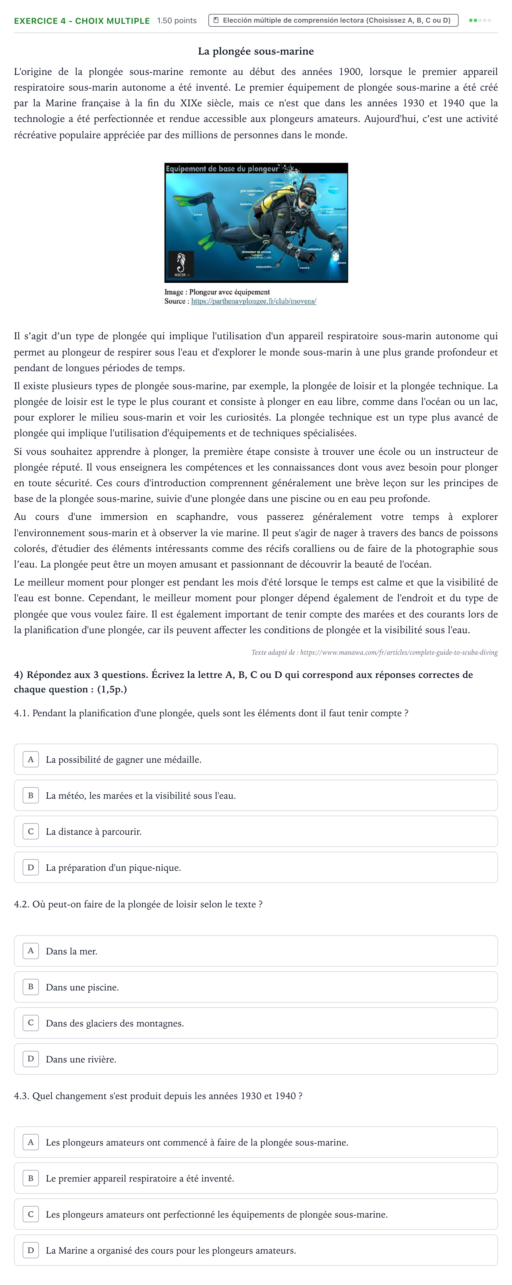 Enunciado: Ejercicio 4 - Choix multiple · Francés PAU Valencia Ordinaria solapamiento 2026