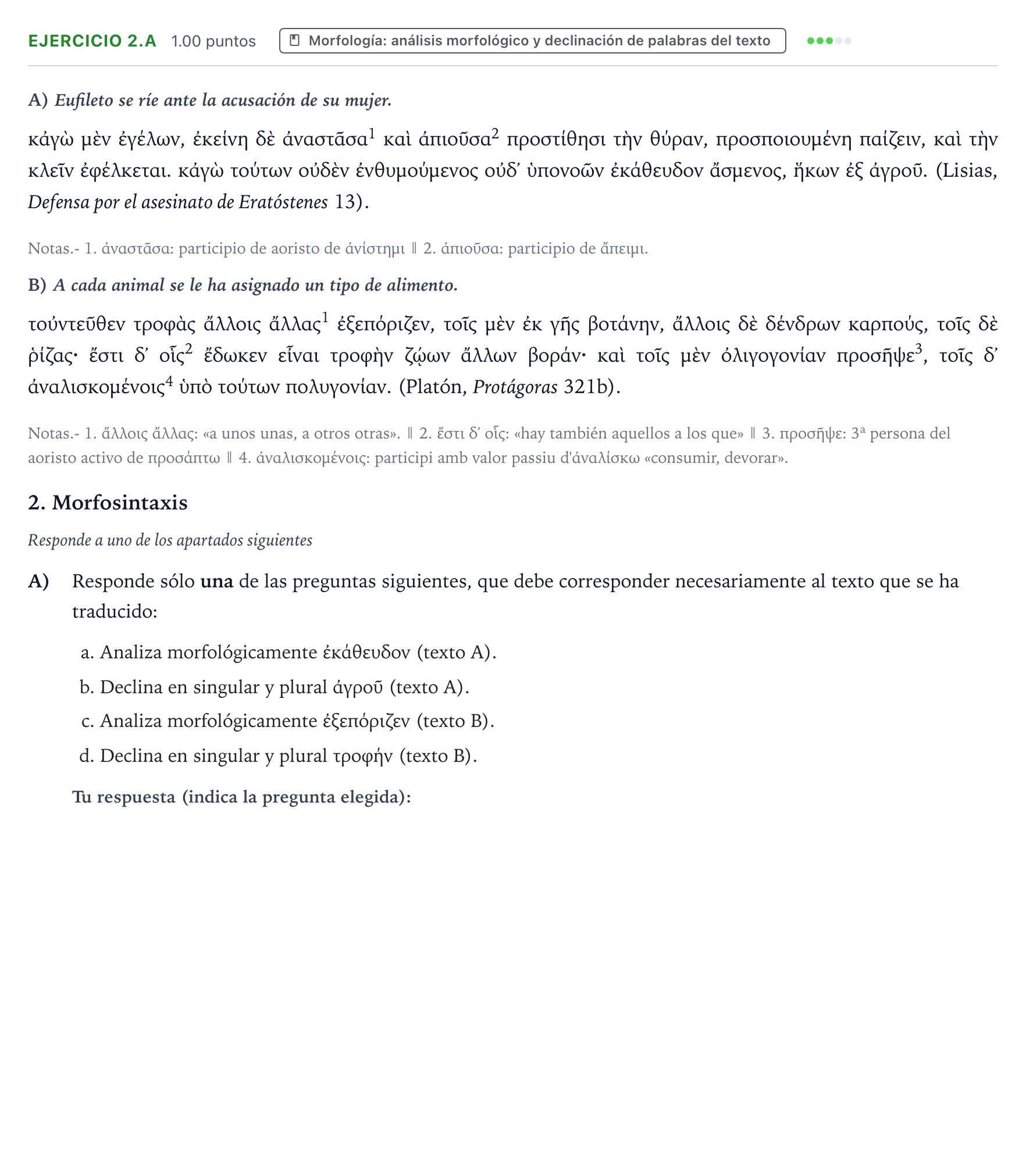 Enunciado: Ejercicio 2.A - Morfología · Griego II PAU Valencia Extraordinaria 2026