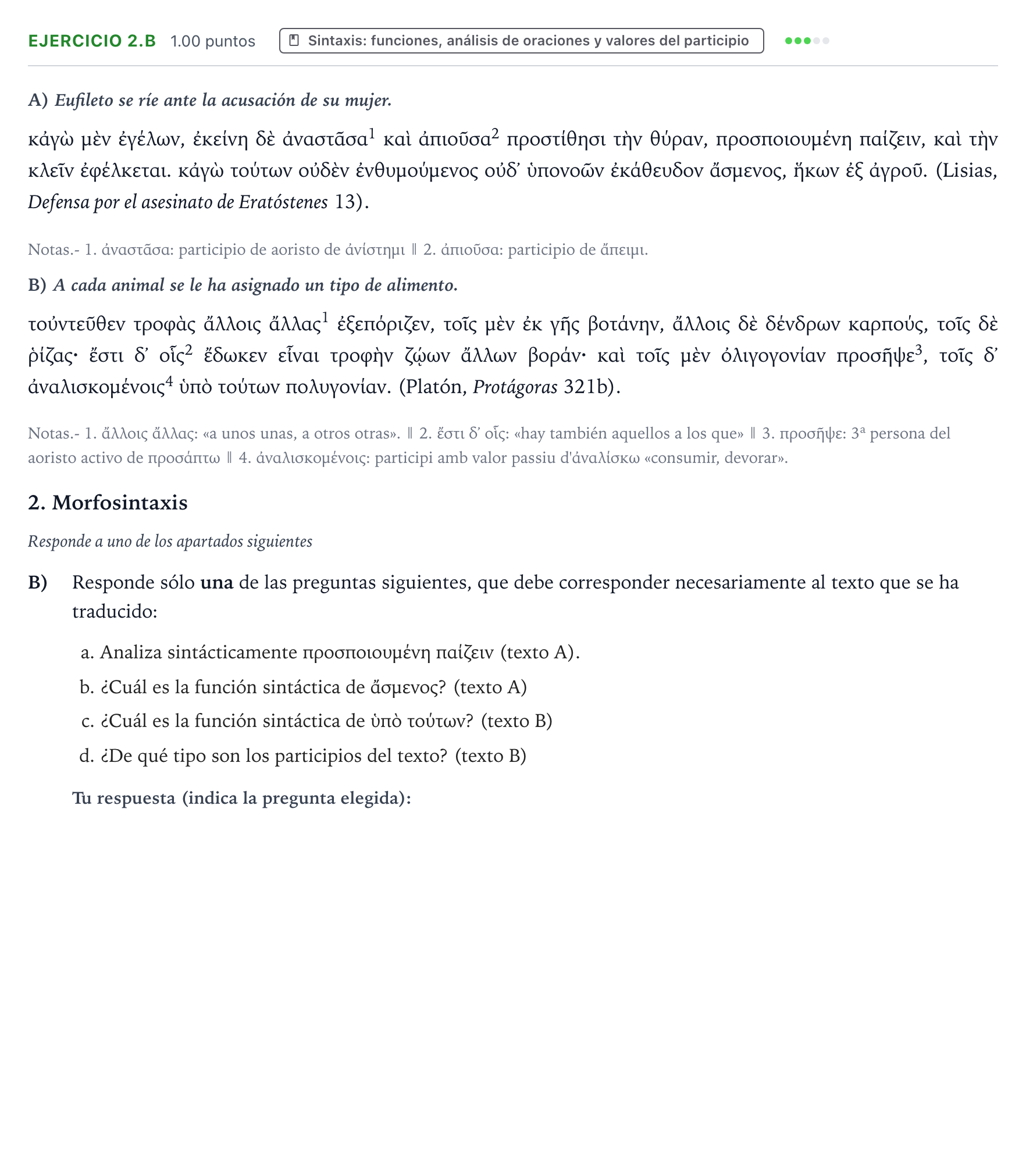 Enunciado: Ejercicio 2.B - Sintaxis · Griego II PAU Valencia Extraordinaria 2026