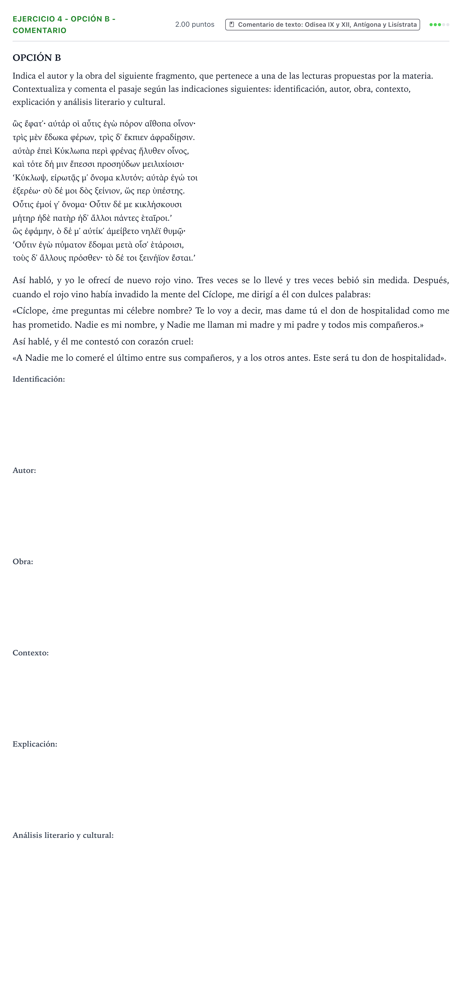 Enunciado: Ejercicio 4 - Opción B - Comentario · Griego II PAU Valencia Ordinaria 2026