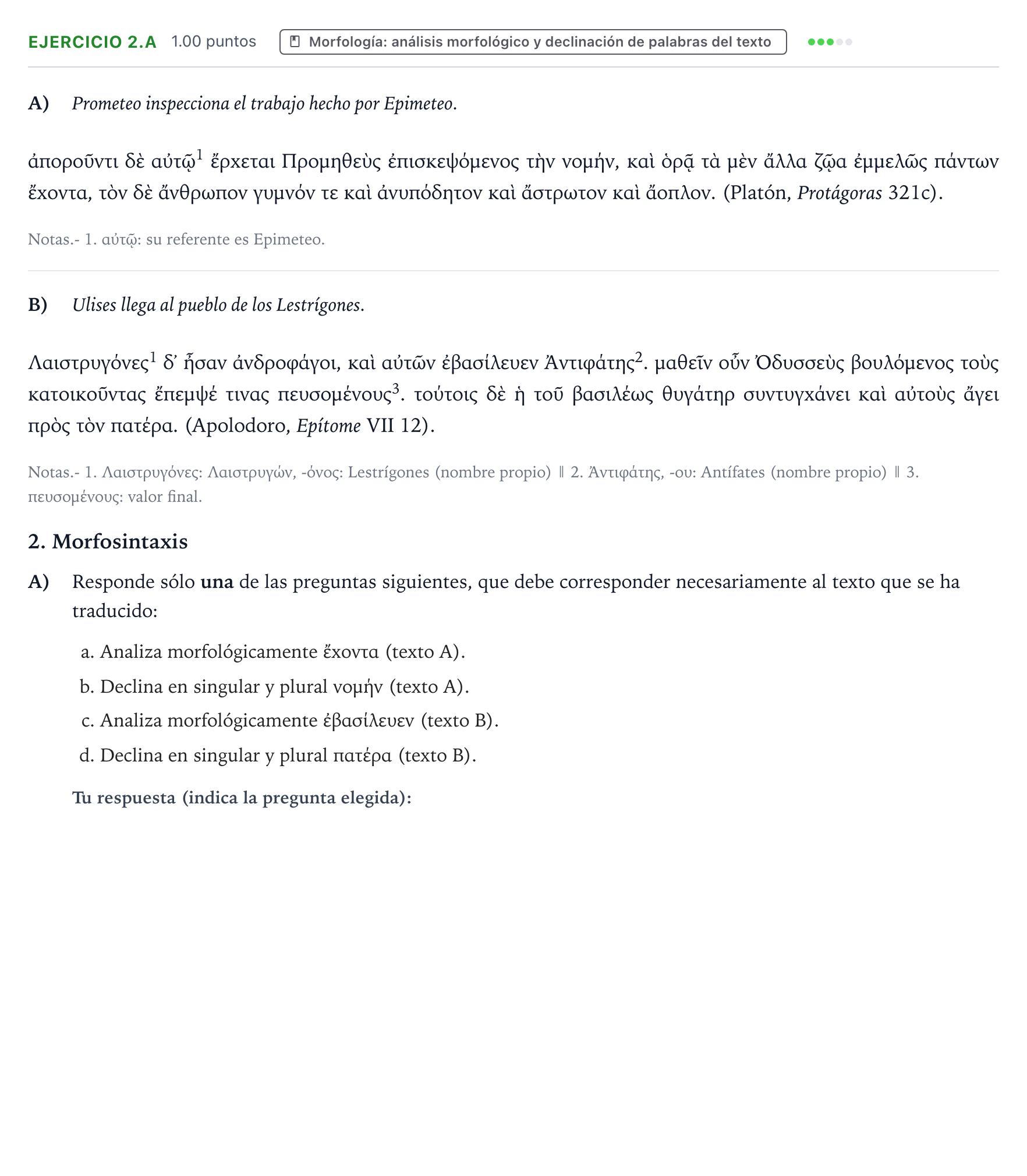 Enunciado: Ejercicio 2.A - Morfología · Griego II PAU Valencia Ordinaria 2026