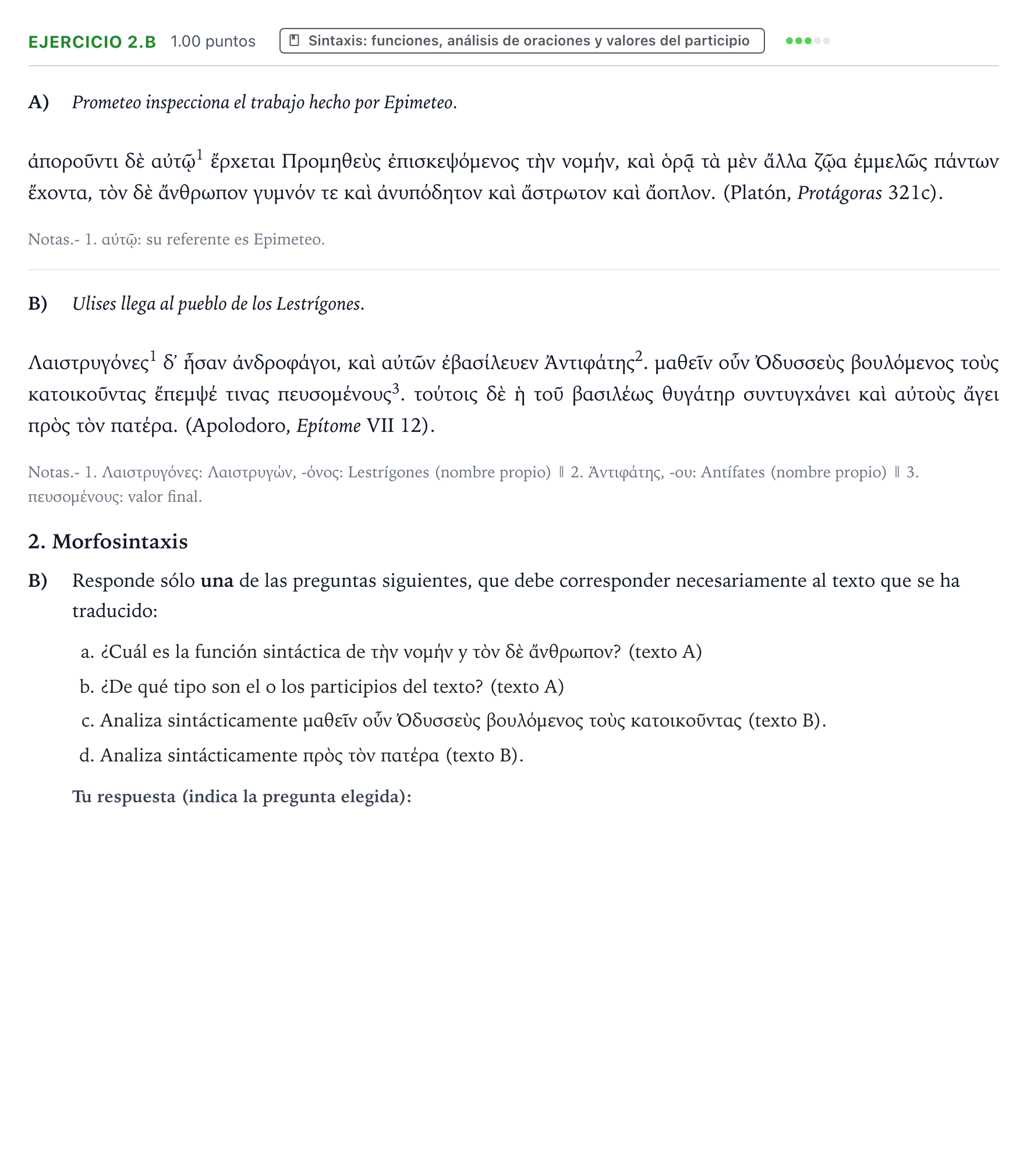 Enunciado: Ejercicio 2.B - Sintaxis · Griego II PAU Valencia Ordinaria 2026