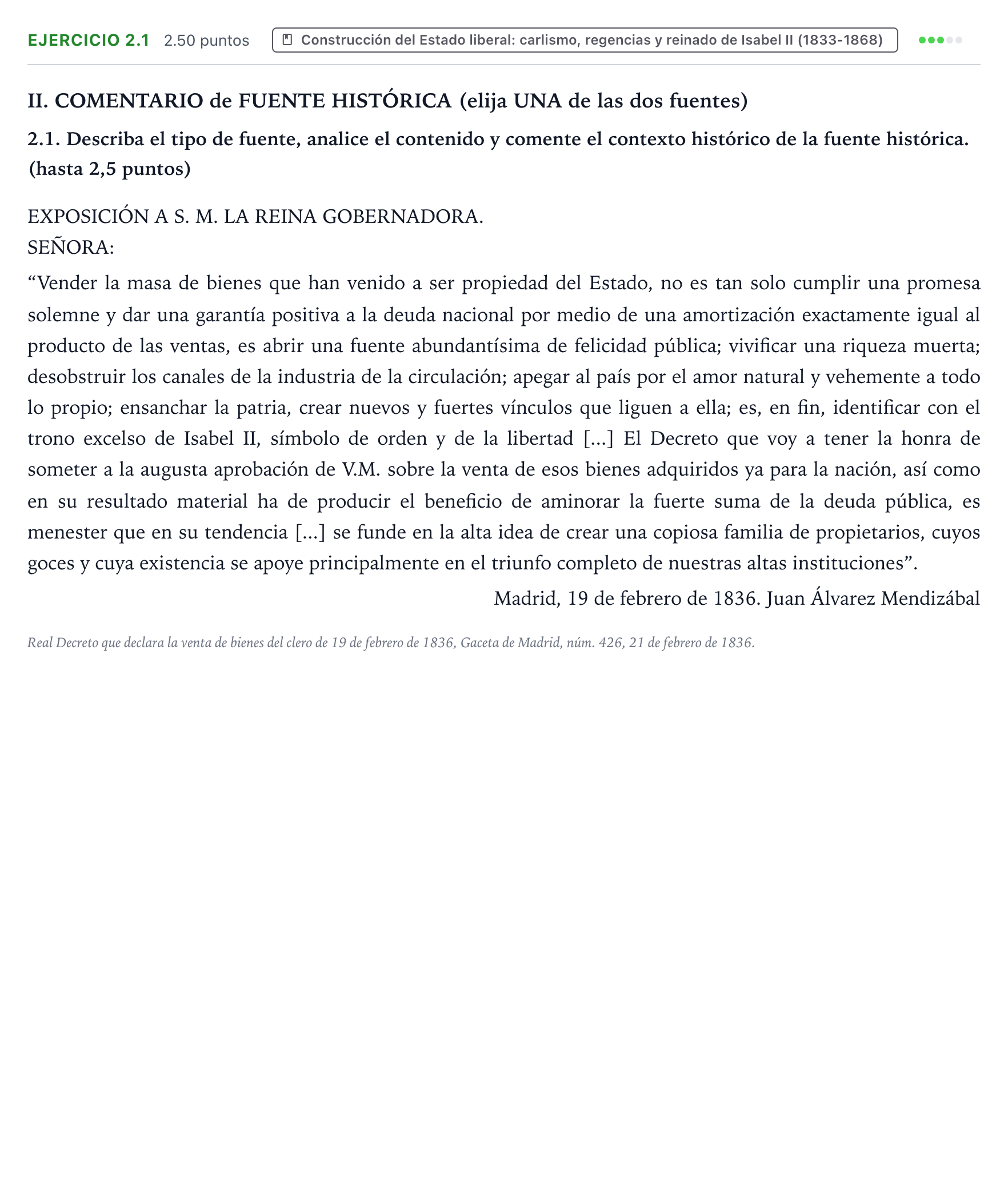 Enunciado: Ejercicio 2.1 · Historia de España PAU Valencia Ordinaria 2026