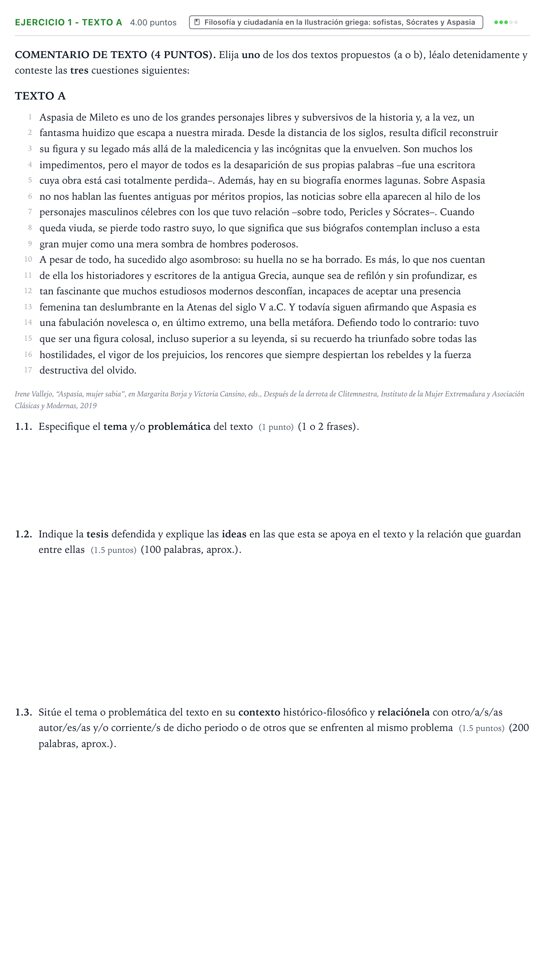 Enunciado: Ejercicio 1 - Texto A · Historia de la Filosofía PAU Valencia Extraordinaria 2026