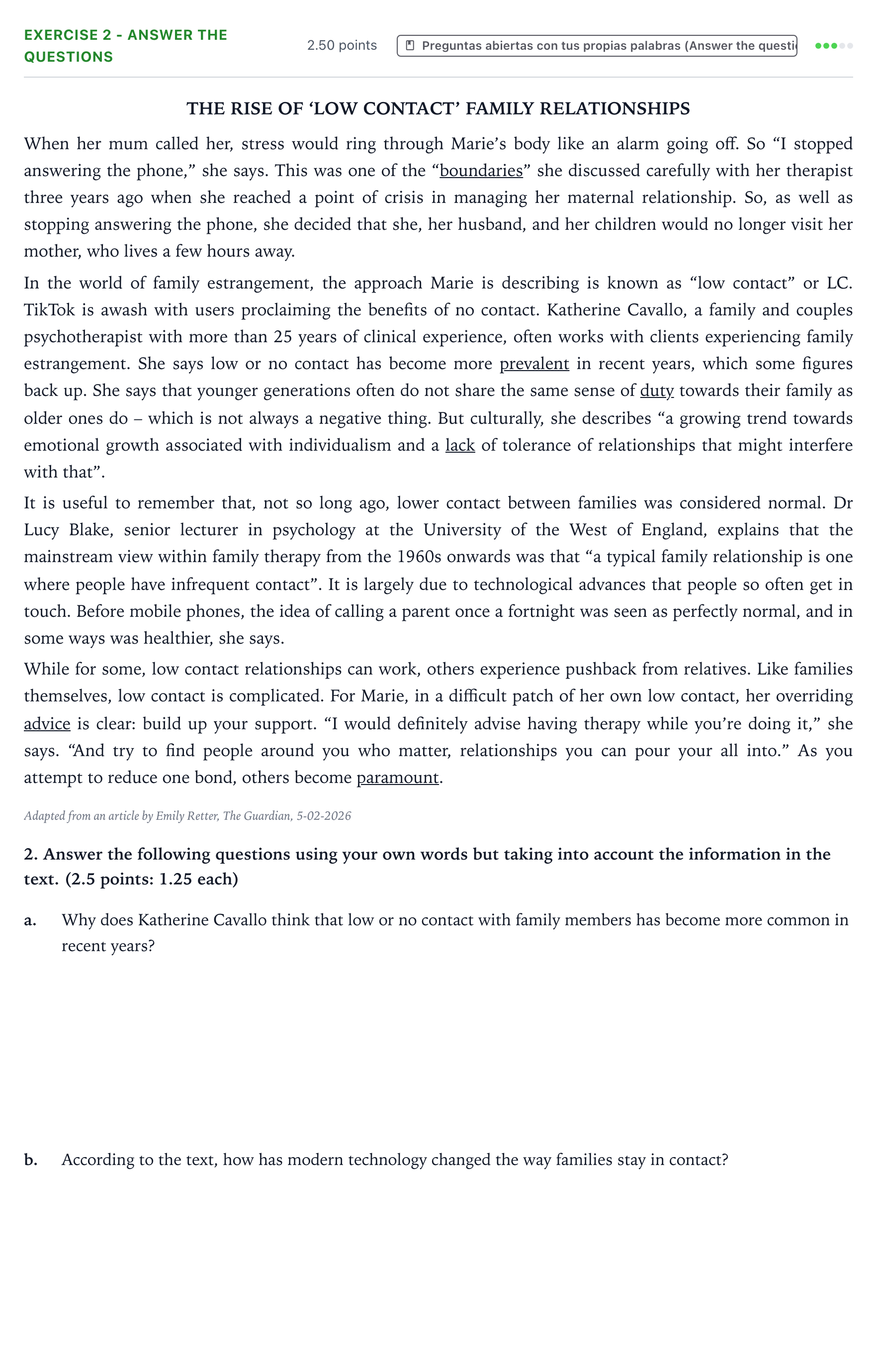 Enunciado: Ejercicio 2 - Answer the questions · Inglés PAU Valencia Extraordinaria 2026