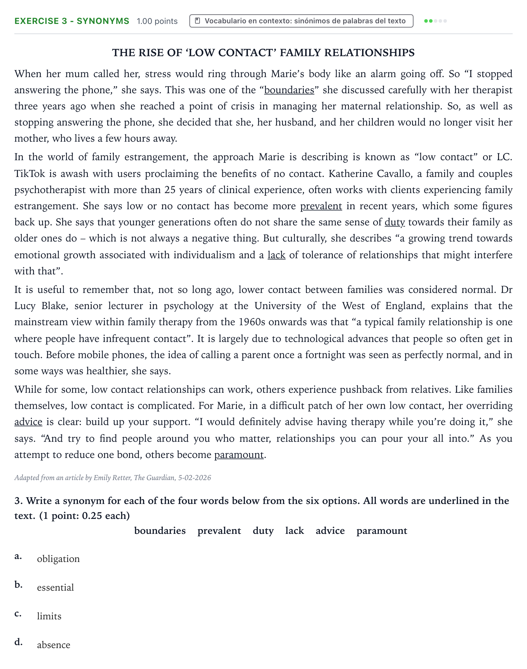 Enunciado: Ejercicio 3 - Synonyms · Inglés PAU Valencia Extraordinaria 2026