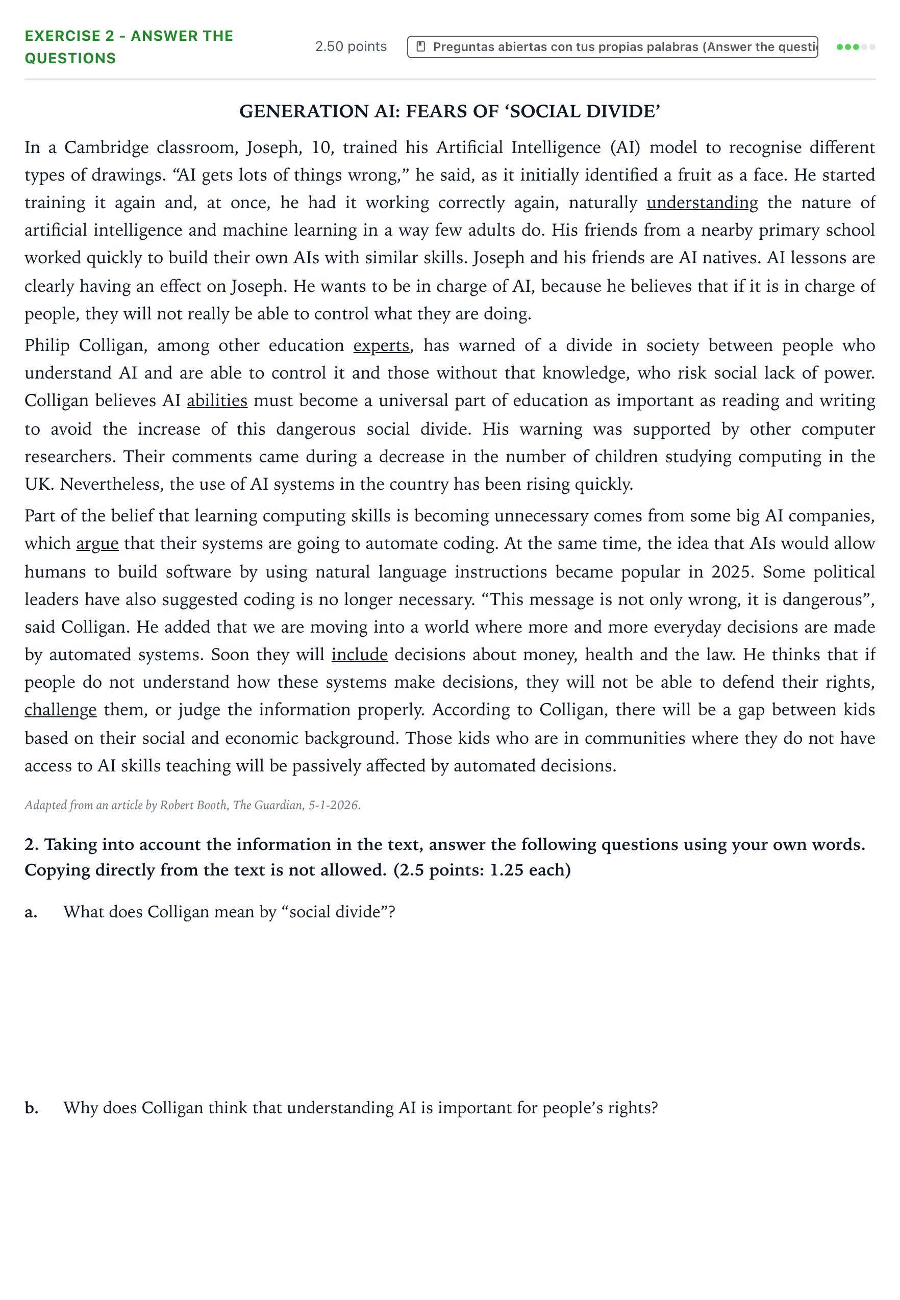 Enunciado: Ejercicio 2 - Answer the questions · Inglés PAU Valencia Extraordinaria solapamiento 2026