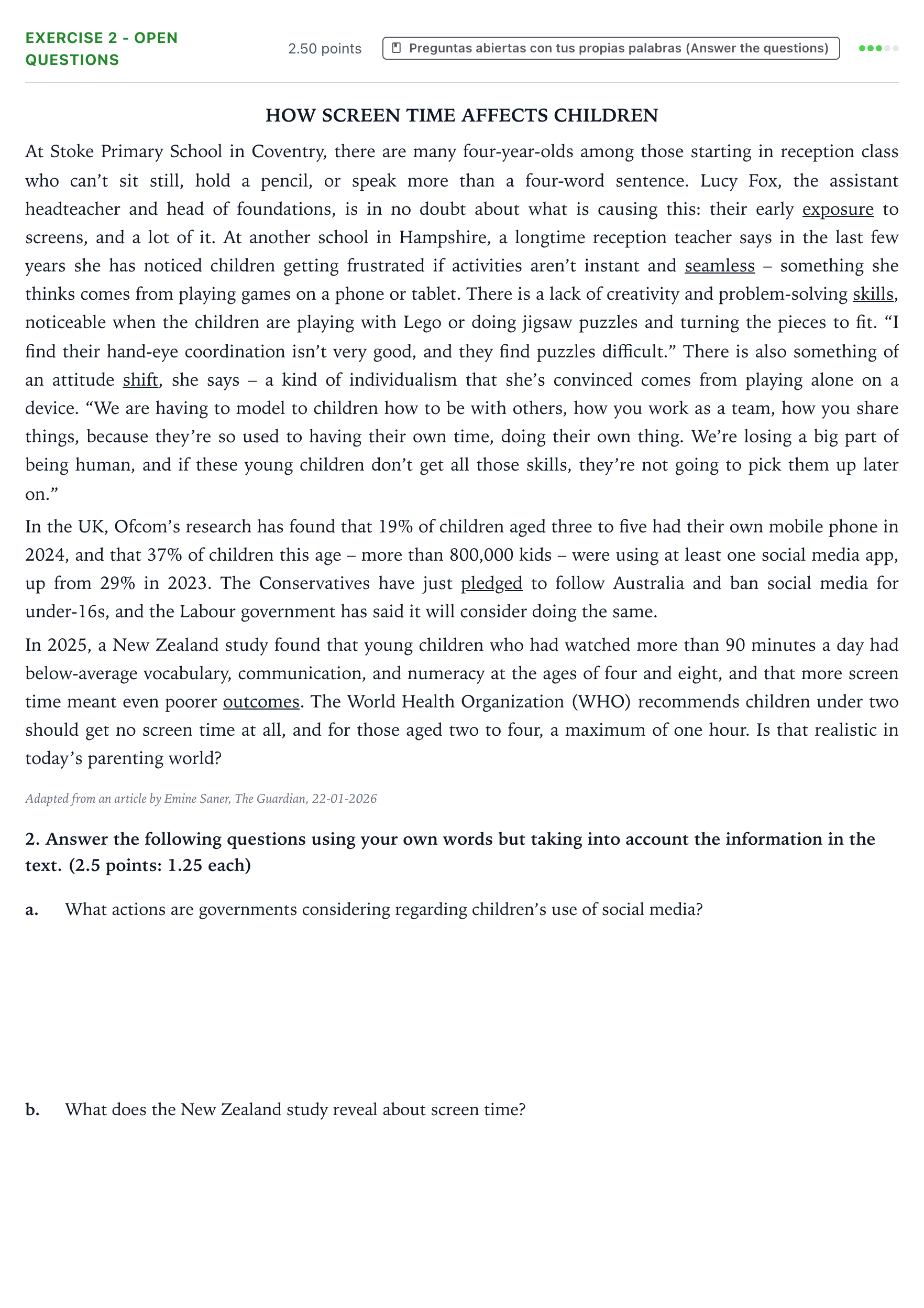 Enunciado: Ejercicio 2 - Open questions · Inglés PAU Valencia Ordinaria solapamiento 2026