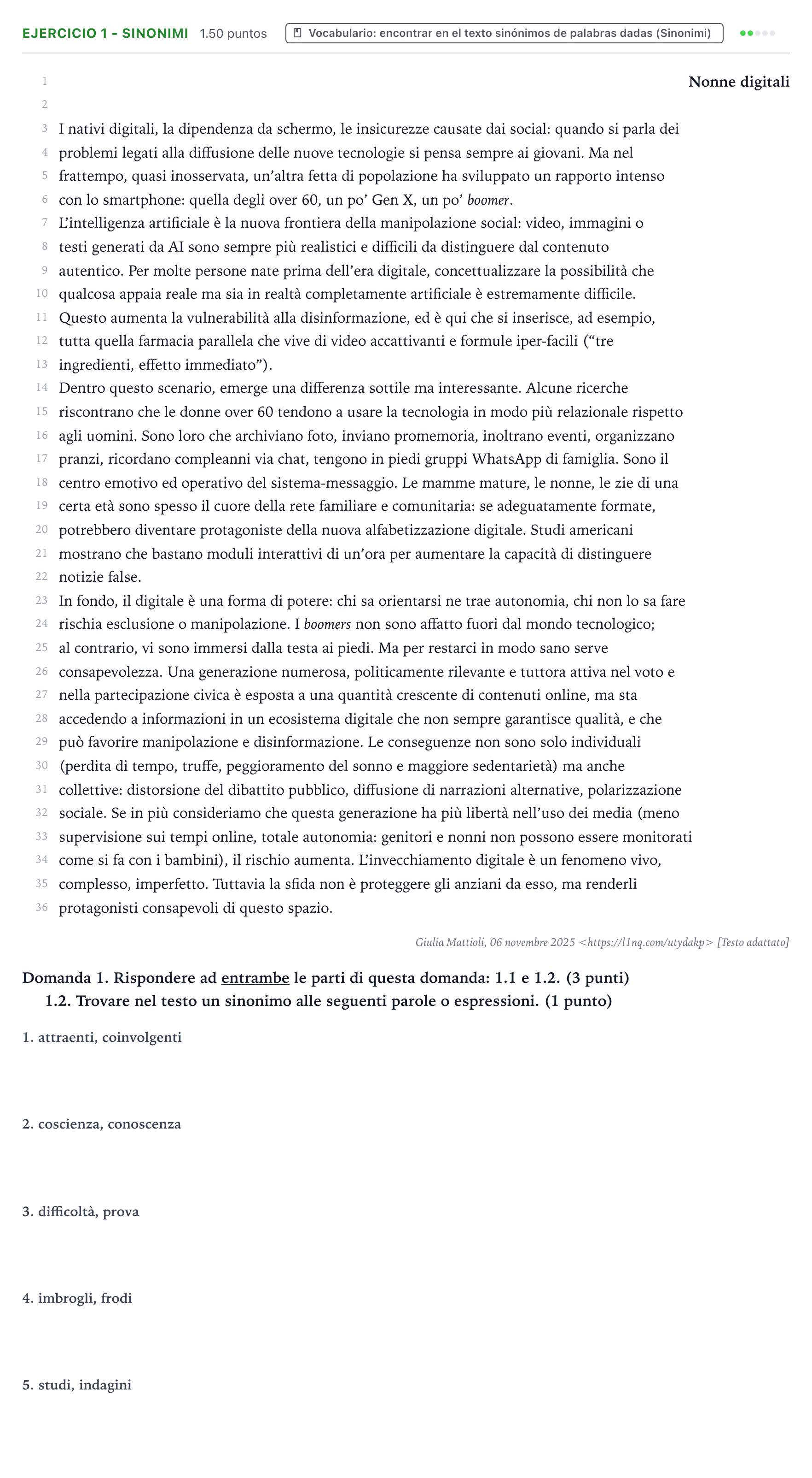 Enunciado: Ejercicio 1 - Sinonimi · Italiano PAU Valencia Extraordinaria 2026