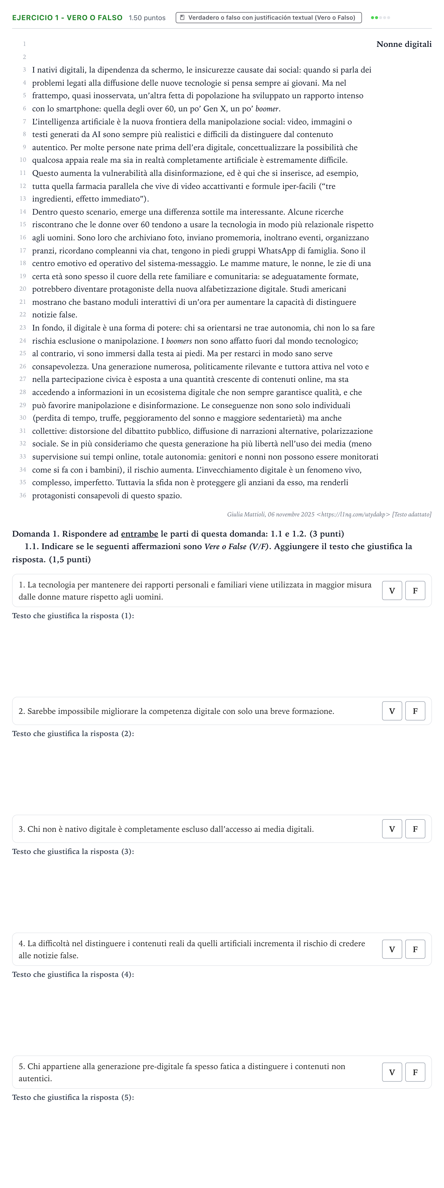 Enunciado: Ejercicio 1 - Vero o Falso · Italiano PAU Valencia Extraordinaria 2026