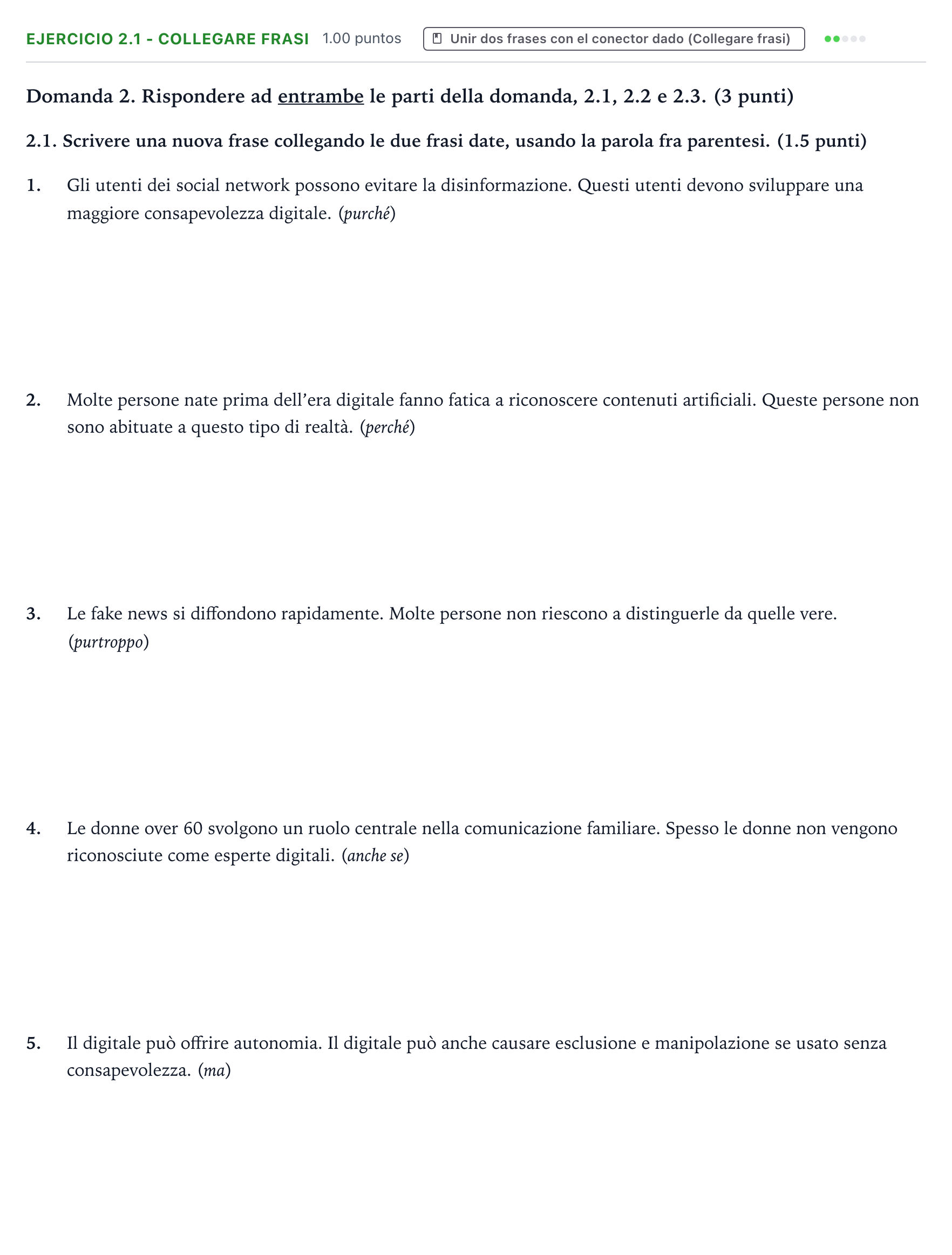 Enunciado: Ejercicio 2.1 - Collegare frasi · Italiano PAU Valencia Extraordinaria 2026
