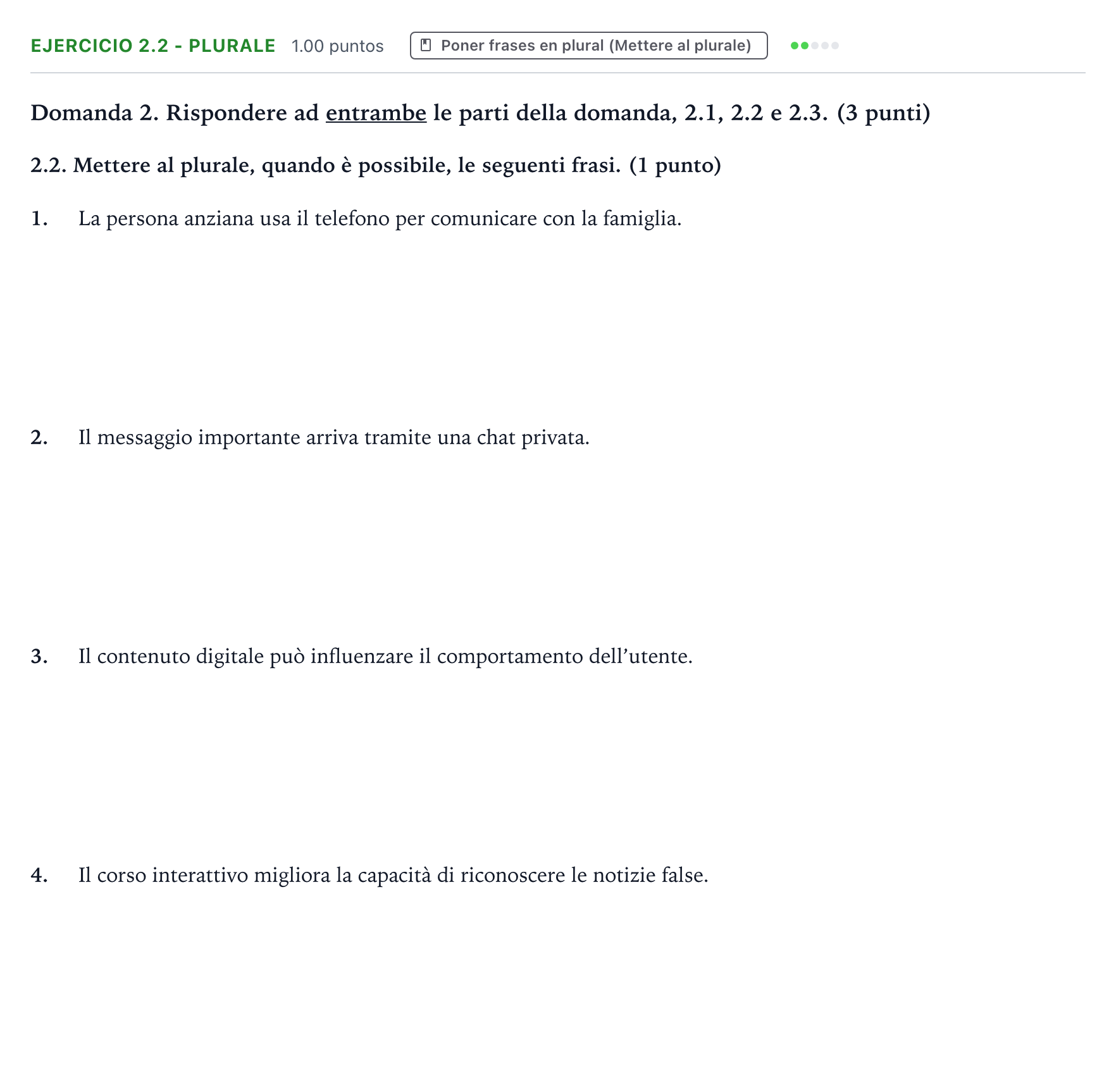 Enunciado: Ejercicio 2.2 - Plurale · Italiano PAU Valencia Extraordinaria 2026