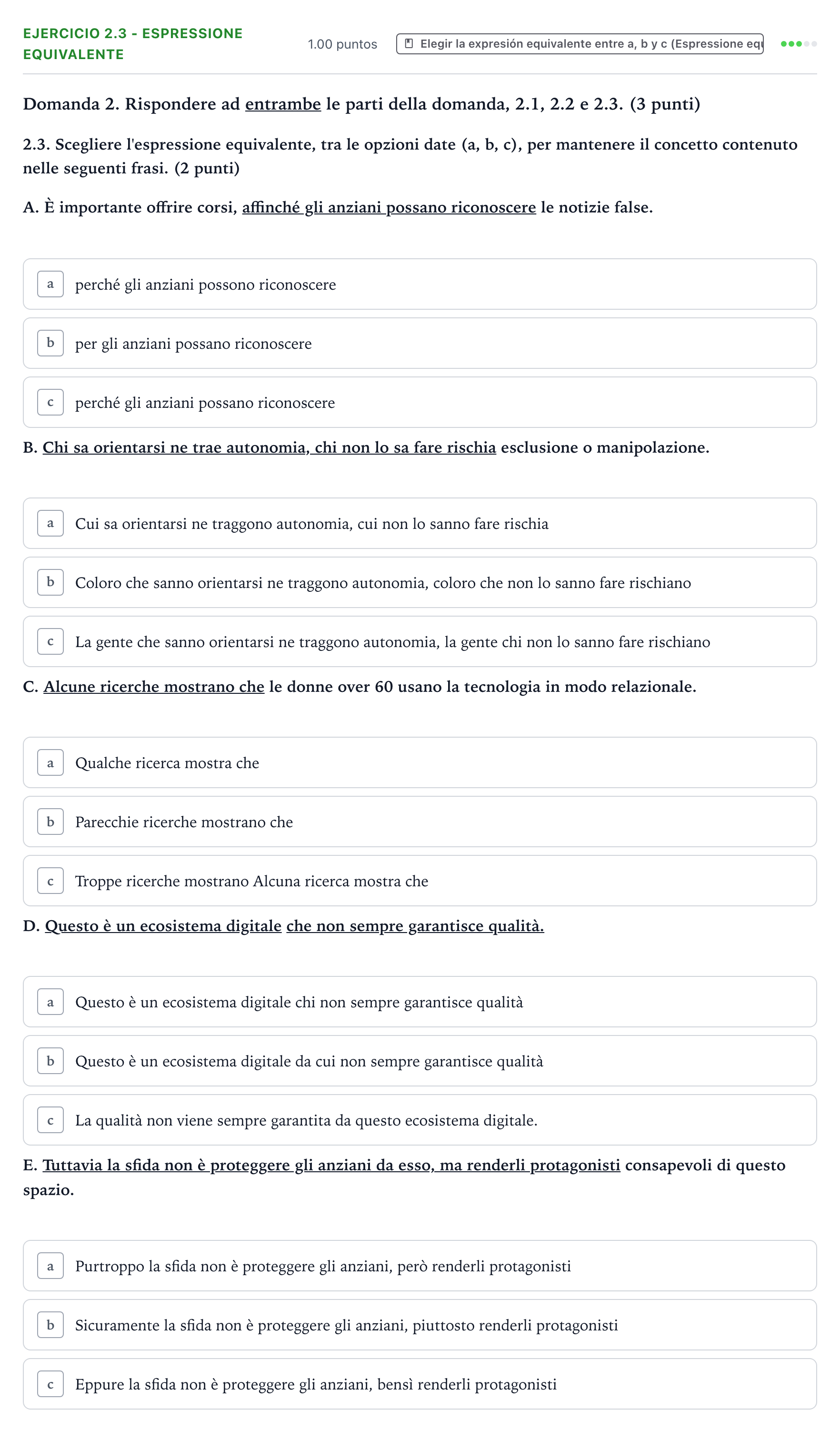 Enunciado: Ejercicio 2.3 - Espressione equivalente · Italiano PAU Valencia Extraordinaria 2026