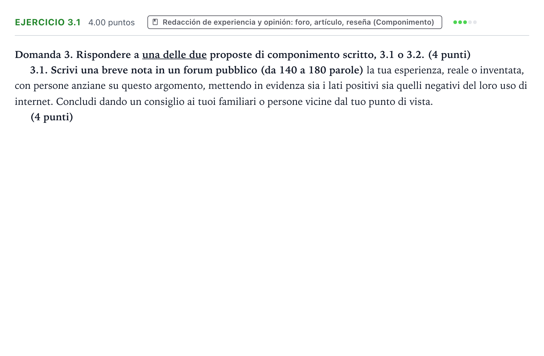 Enunciado: Ejercicio 3.1 · Italiano PAU Valencia Extraordinaria 2026