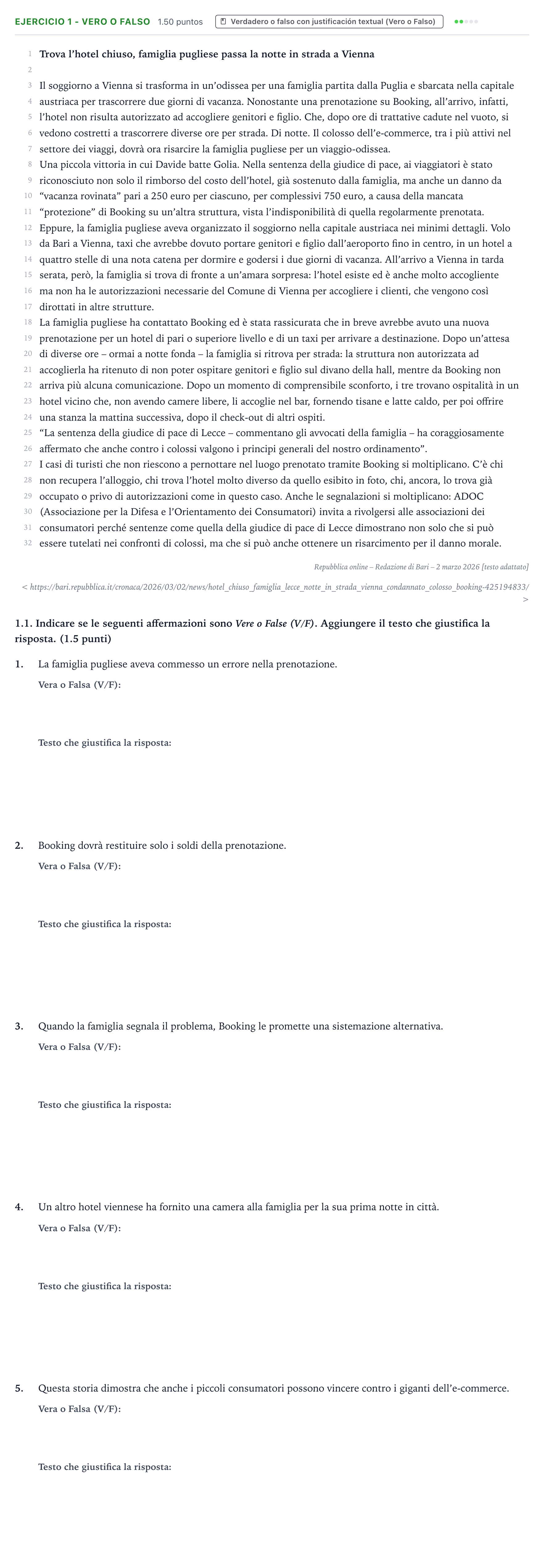 Enunciado: Ejercicio 1 - Vero o Falso · Italiano PAU Valencia Extraordinaria solapamiento 2026