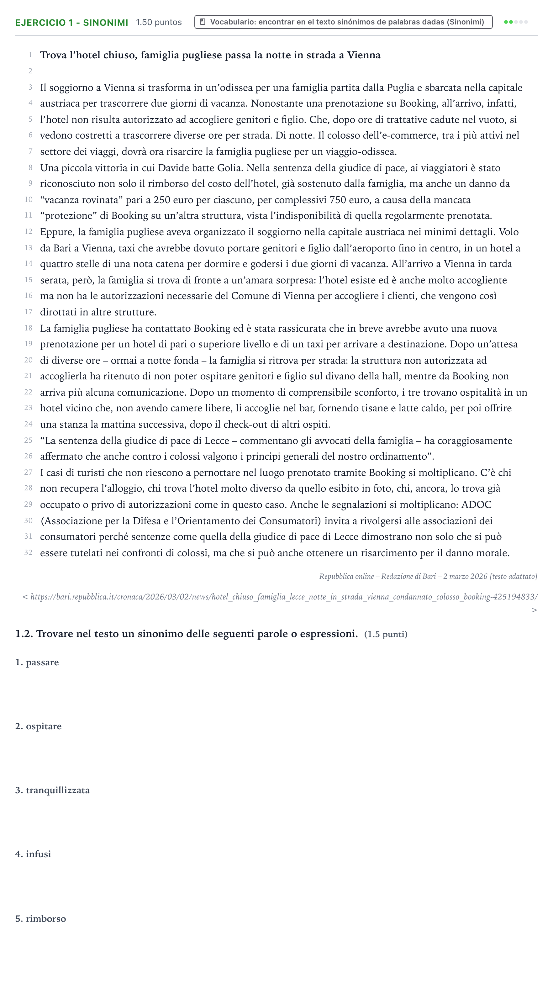 Enunciado: Ejercicio 1 - Sinonimi · Italiano PAU Valencia Extraordinaria solapamiento 2026