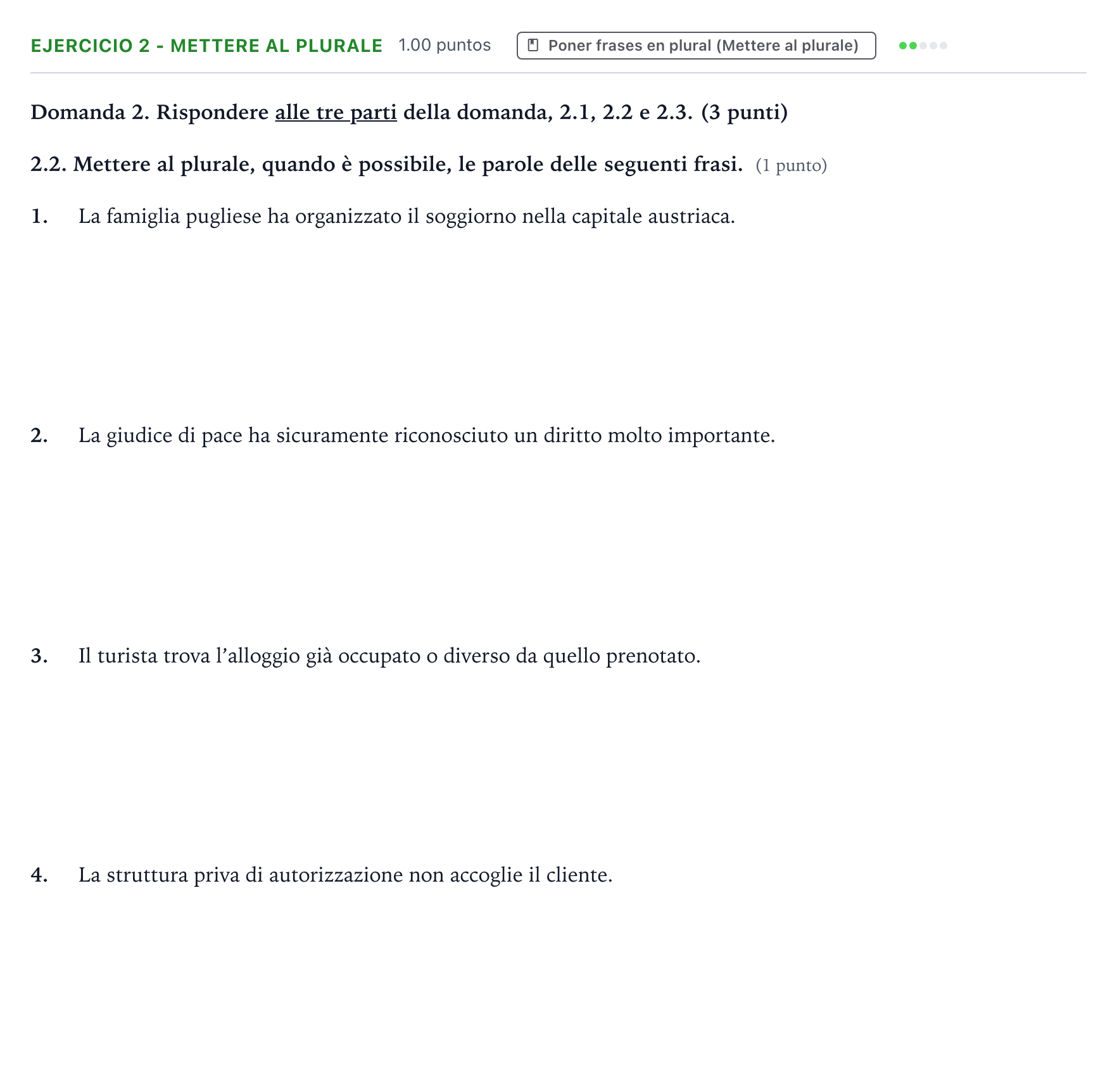 Enunciado: Ejercicio 2 - Mettere al plurale · Italiano PAU Valencia Extraordinaria solapamiento 2026