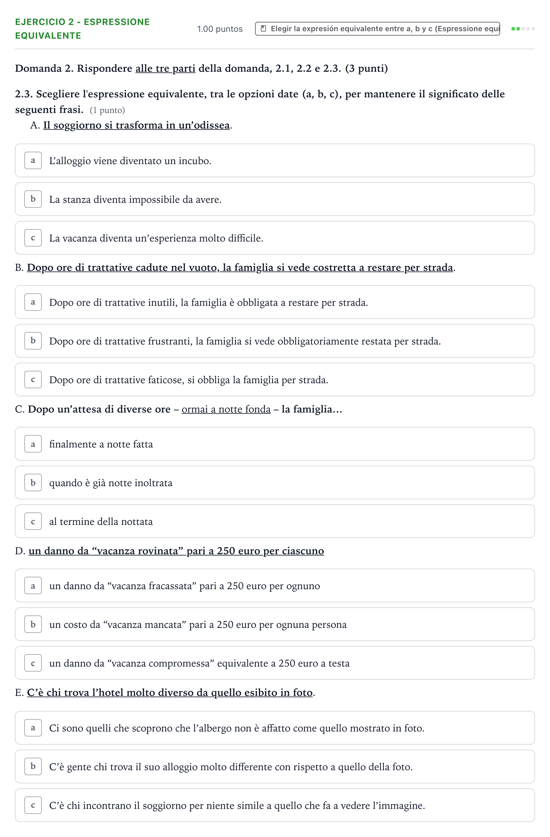 Enunciado: Ejercicio 2 - Espressione equivalente · Italiano PAU Valencia Extraordinaria solapamiento 2026