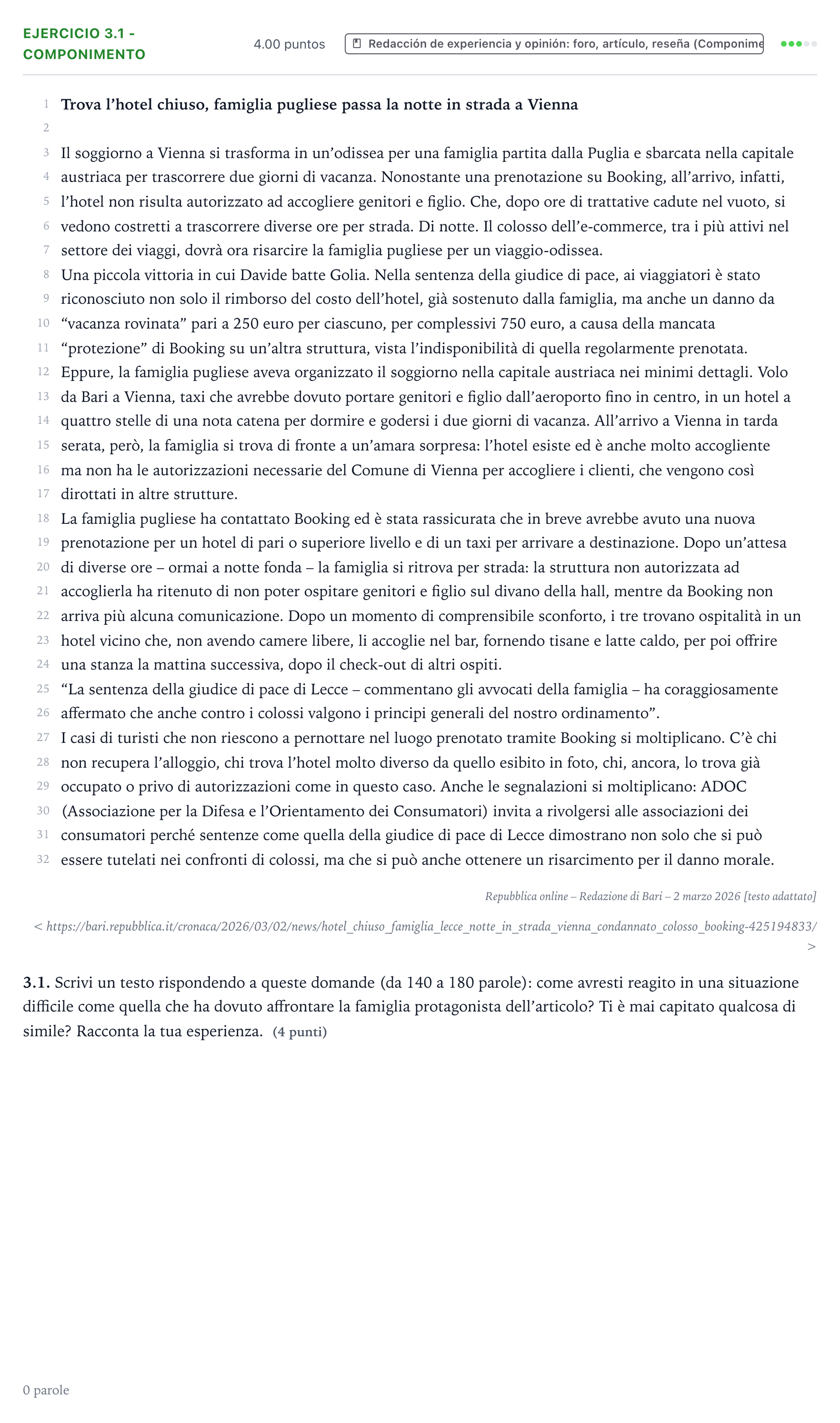 Enunciado: Ejercicio 3.1 - Componimento · Italiano PAU Valencia Extraordinaria solapamiento 2026