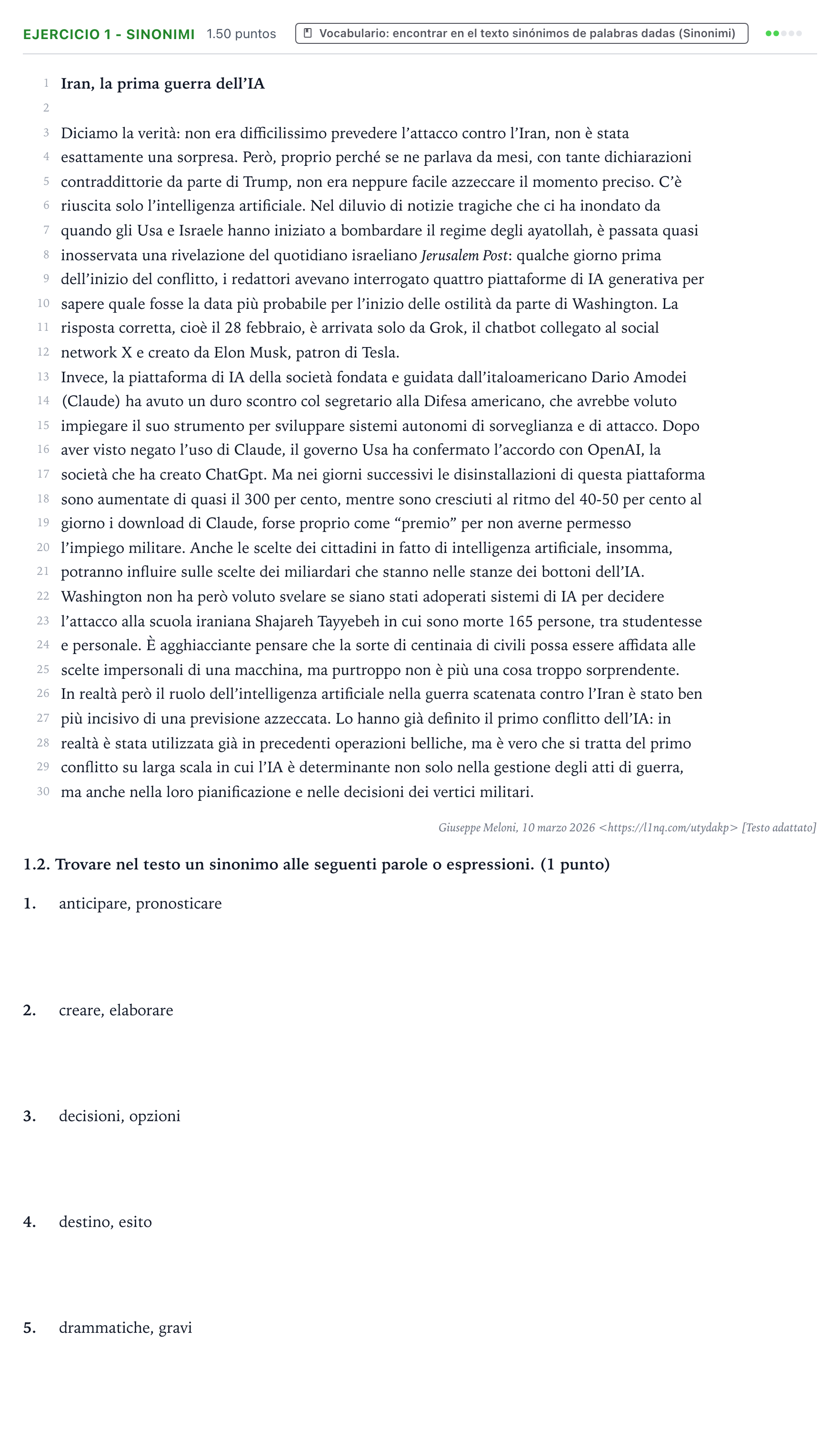 Enunciado: Ejercicio 1 - Sinonimi · Italiano PAU Valencia Ordinaria 2026