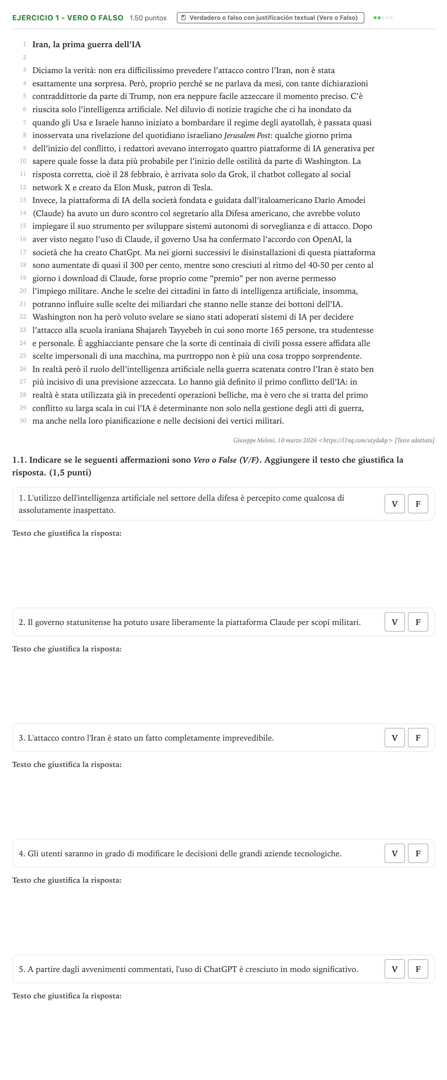 Enunciado: Ejercicio 1 - Vero o Falso · Italiano PAU Valencia Ordinaria 2026