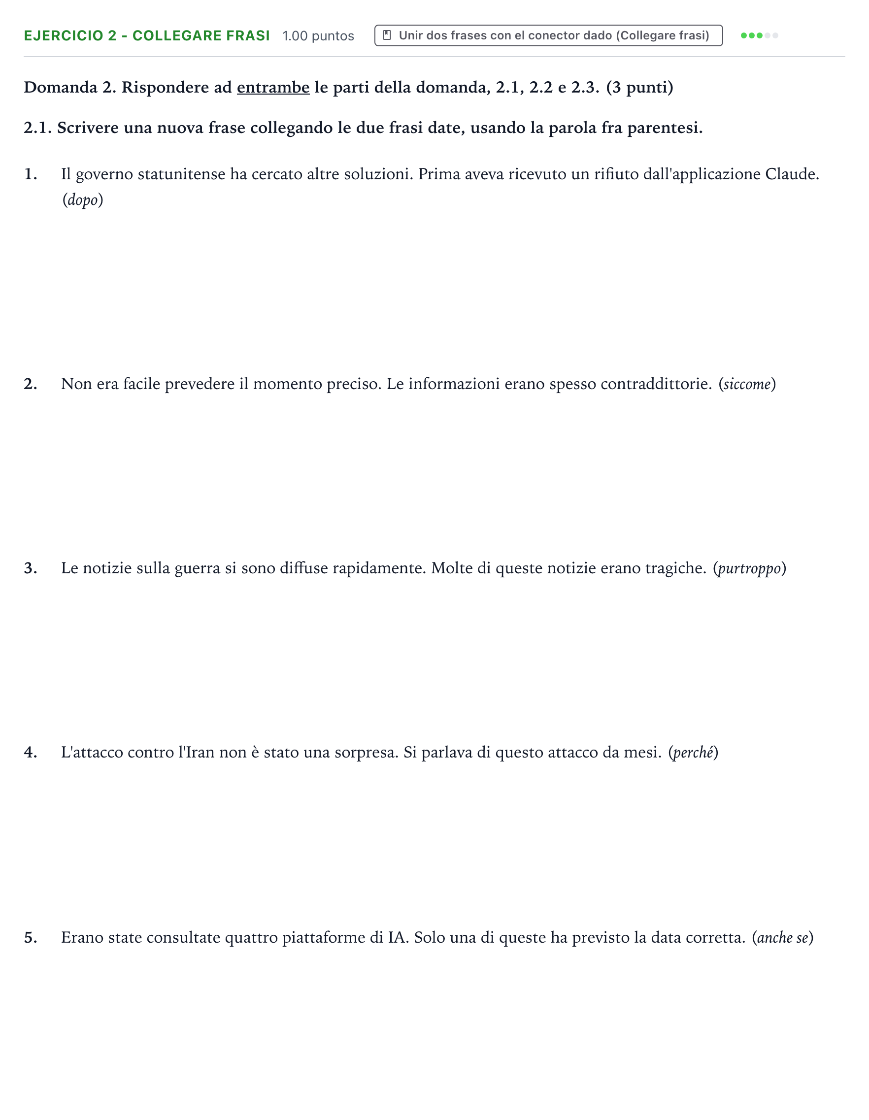 Enunciado: Ejercicio 2 - Collegare frasi · Italiano PAU Valencia Ordinaria 2026