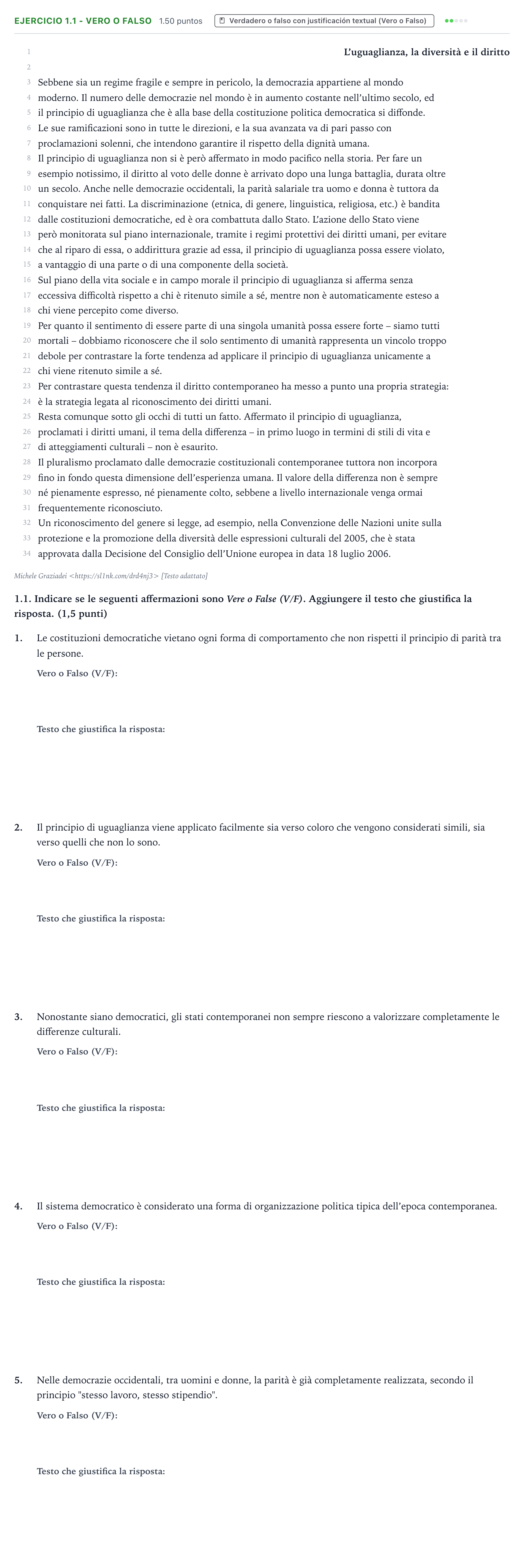 Enunciado: Ejercicio 1.1 - Vero o Falso · Italiano PAU Valencia Ordinaria solapamiento 2026
