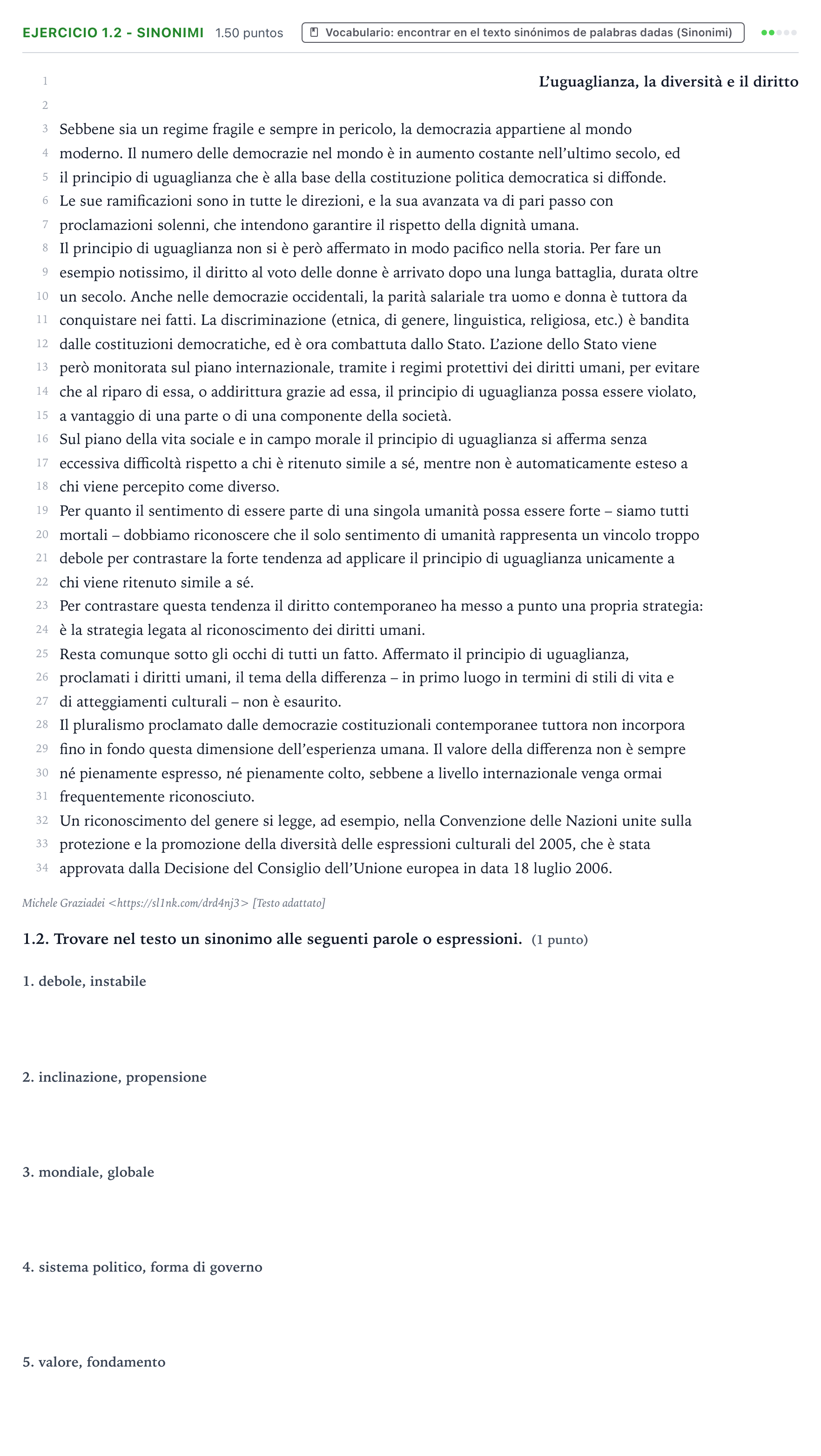 Enunciado: Ejercicio 1.2 - Sinonimi · Italiano PAU Valencia Ordinaria solapamiento 2026