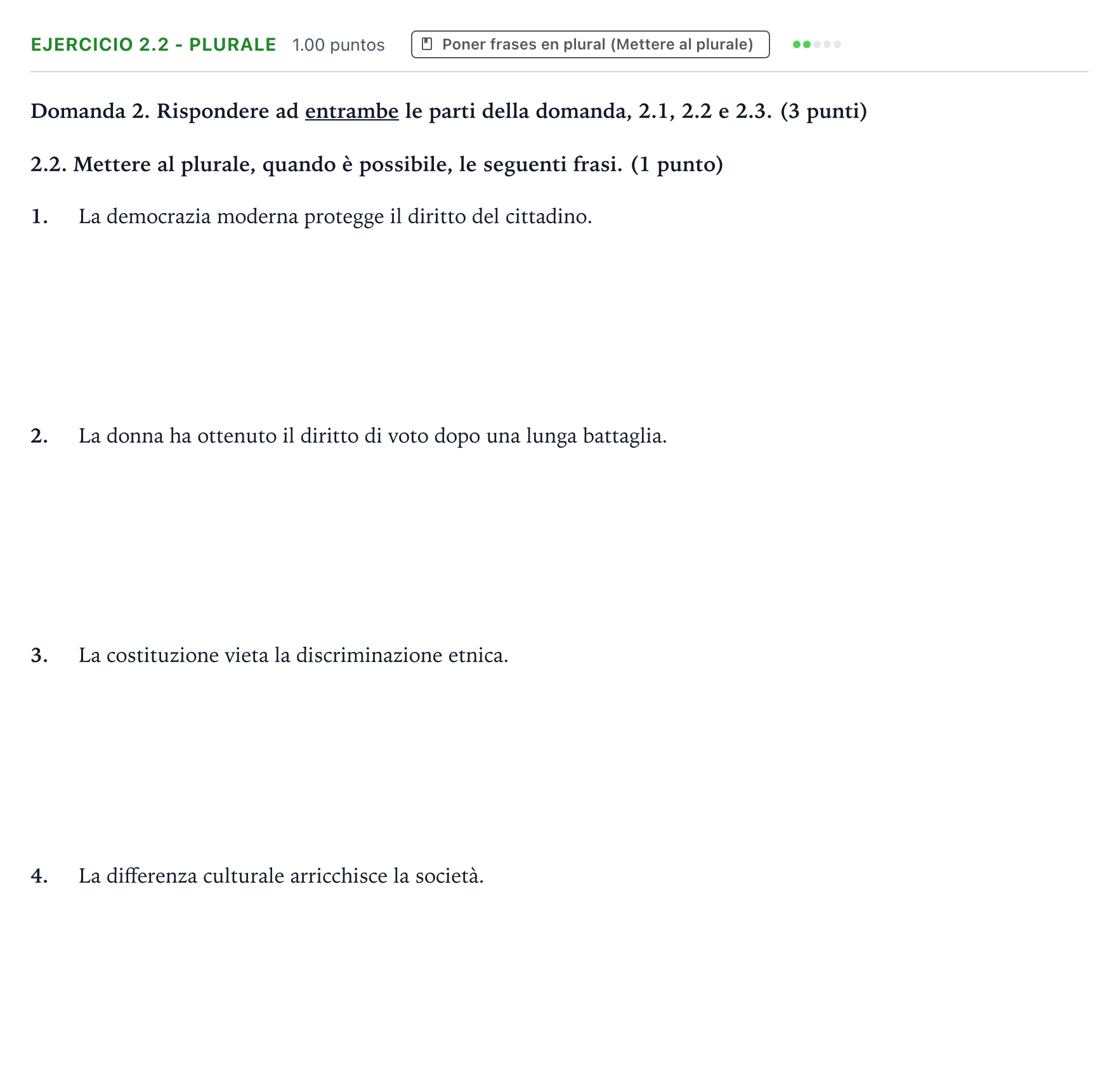Enunciado: Ejercicio 2.2 - Plurale · Italiano PAU Valencia Ordinaria solapamiento 2026