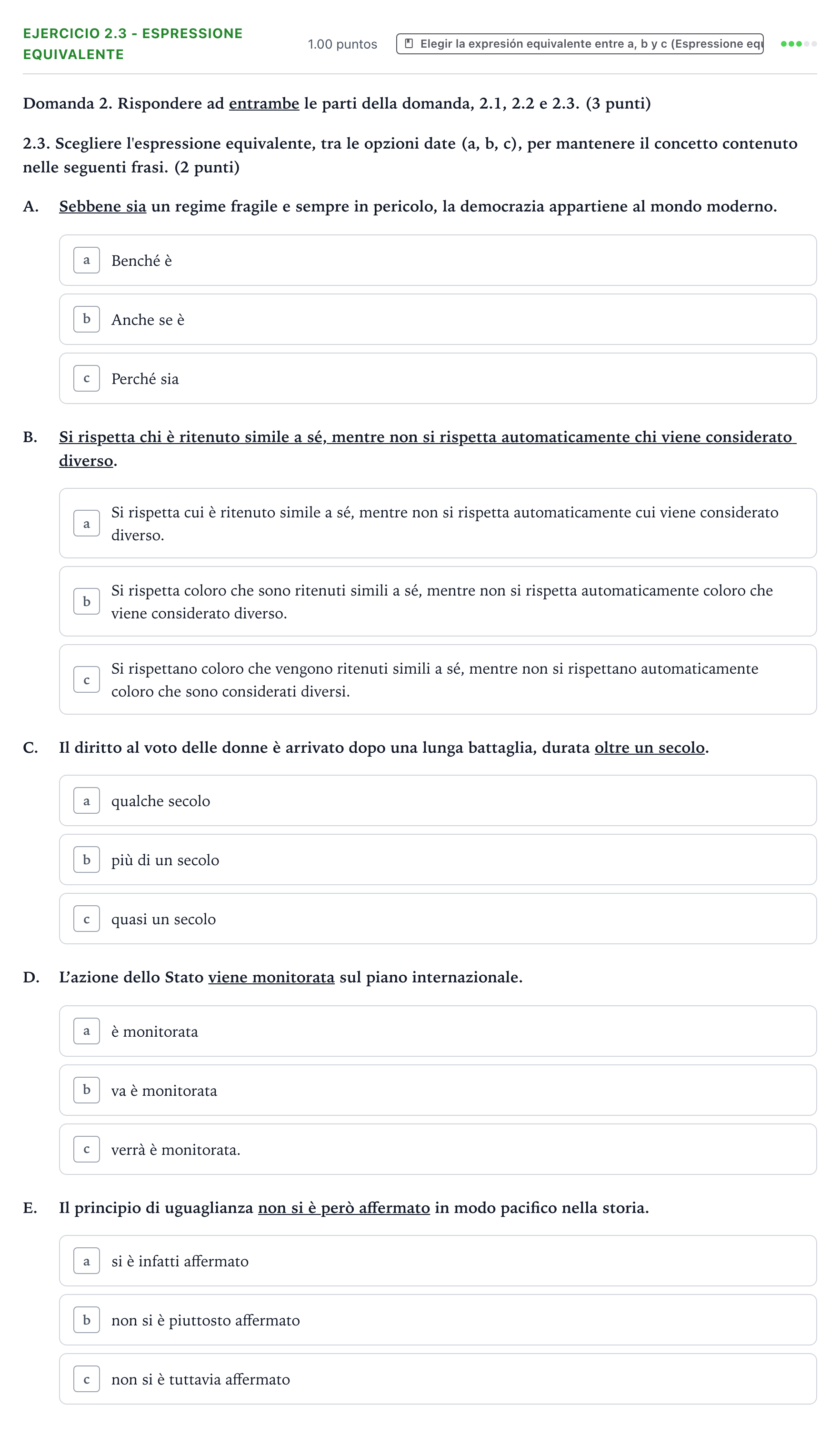 Enunciado: Ejercicio 2.3 - Espressione equivalente · Italiano PAU Valencia Ordinaria solapamiento 2026