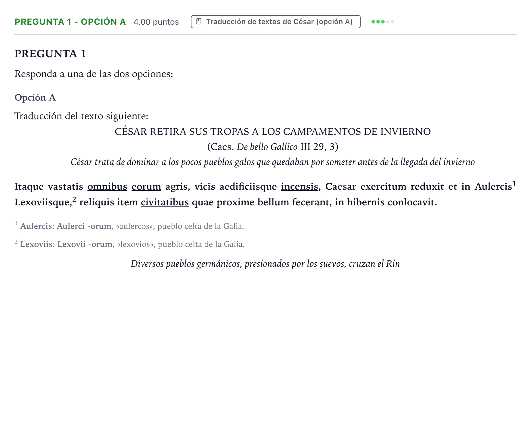 Enunciado: Pregunta 1 - Opción A · Latín II PAU Valencia Extraordinaria 2026