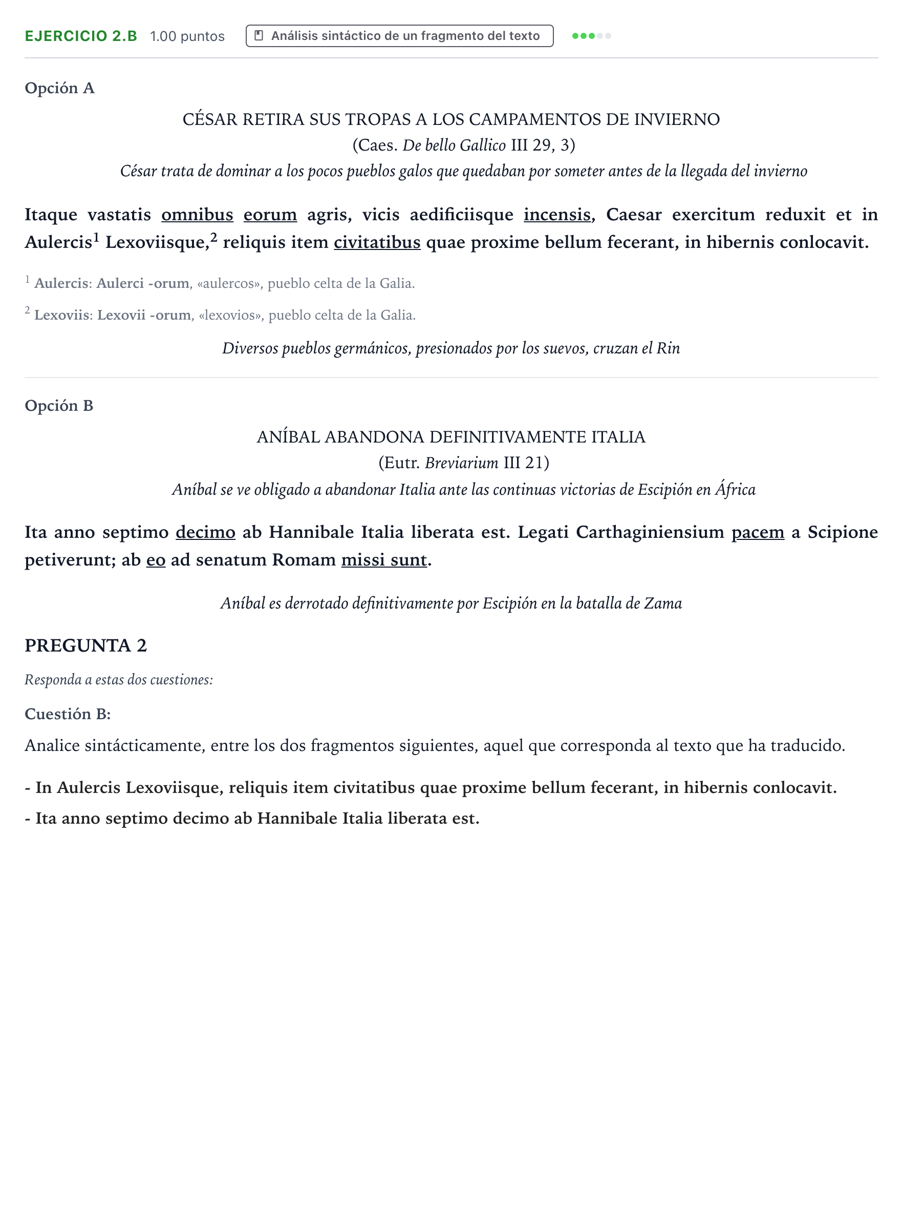 Enunciado: Ejercicio 2.B - Análisis sintáctico · Latín II PAU Valencia Extraordinaria 2026